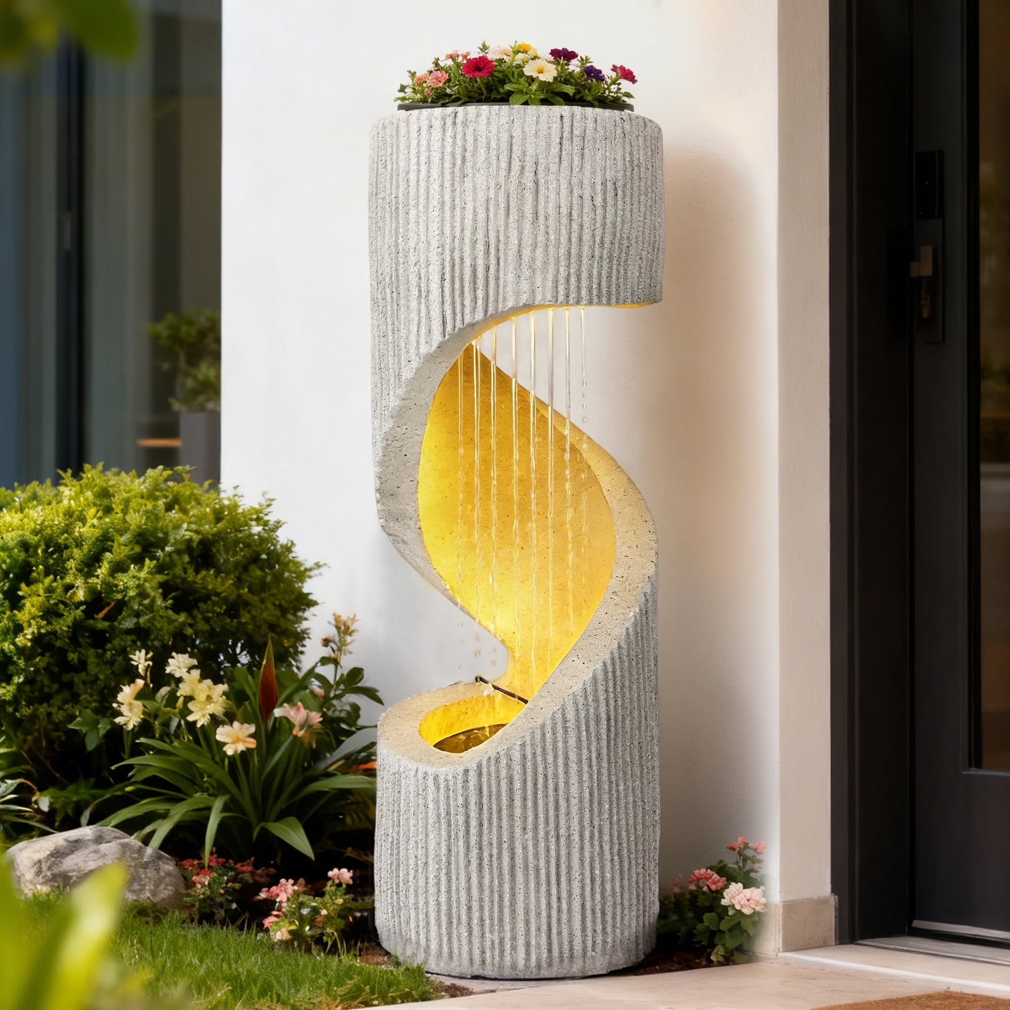 7-Tier Cascading Rock Water Fountain, Outdoor Water Fountain with LED Light, Adjustable Flow & Electric Pump, Outdoor Garden Waterfall for Patio, Yard, Balcony or Home Decor (Gray)