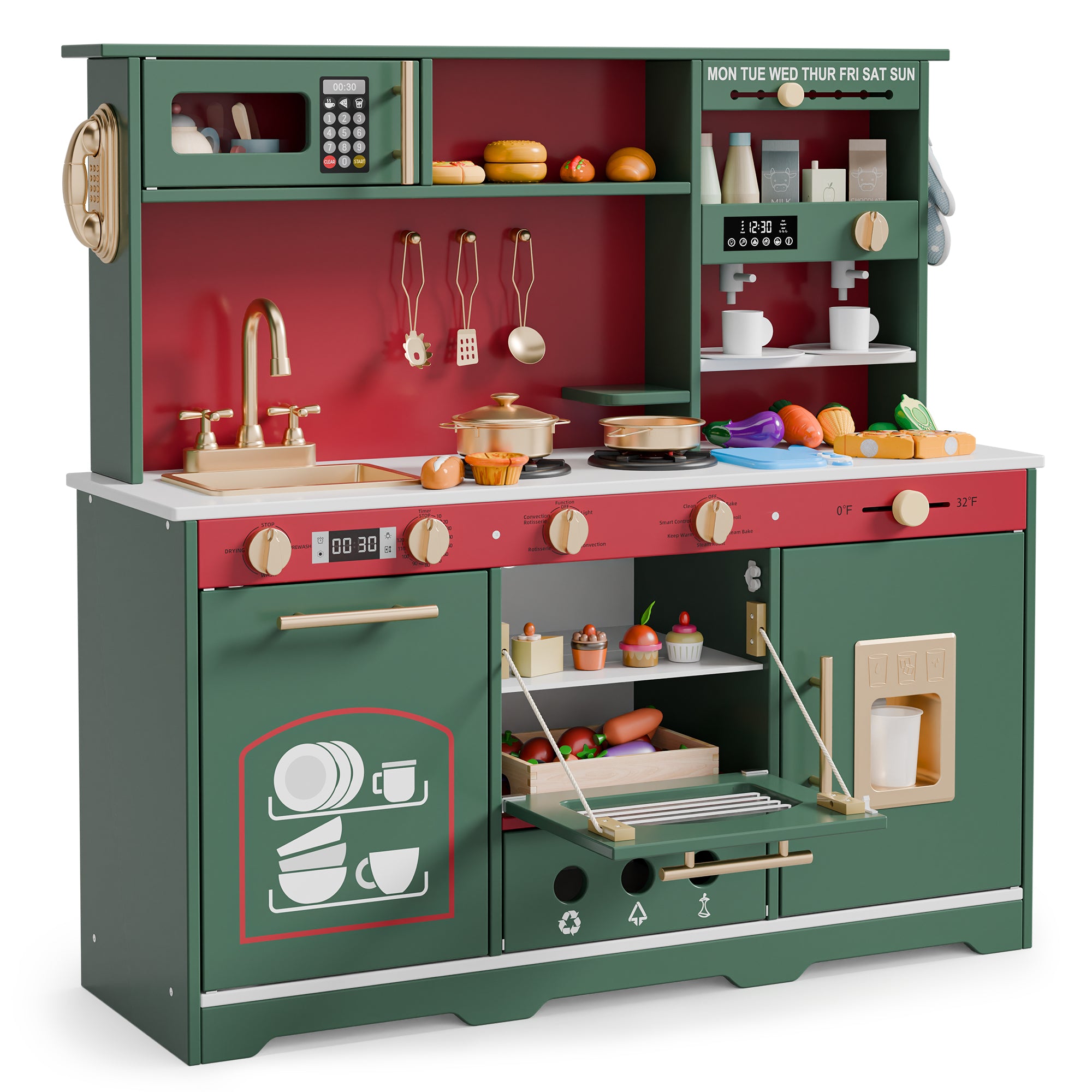 Play Kitchen for Toddlers, Kids Kitchen Playset, Wooden Kitchen Set for Kids with Toy Food and Cookware Accessories, Gift for Ages 3+ Girls Boys. Christmas Green