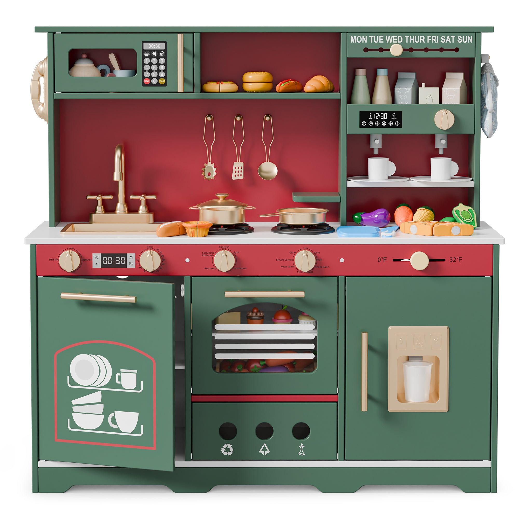 Play Kitchen for Toddlers, Kids Kitchen Playset, Wooden Kitchen Set for Kids with Toy Food and Cookware Accessories, Gift for Ages 3+ Girls Boys. Christmas Green