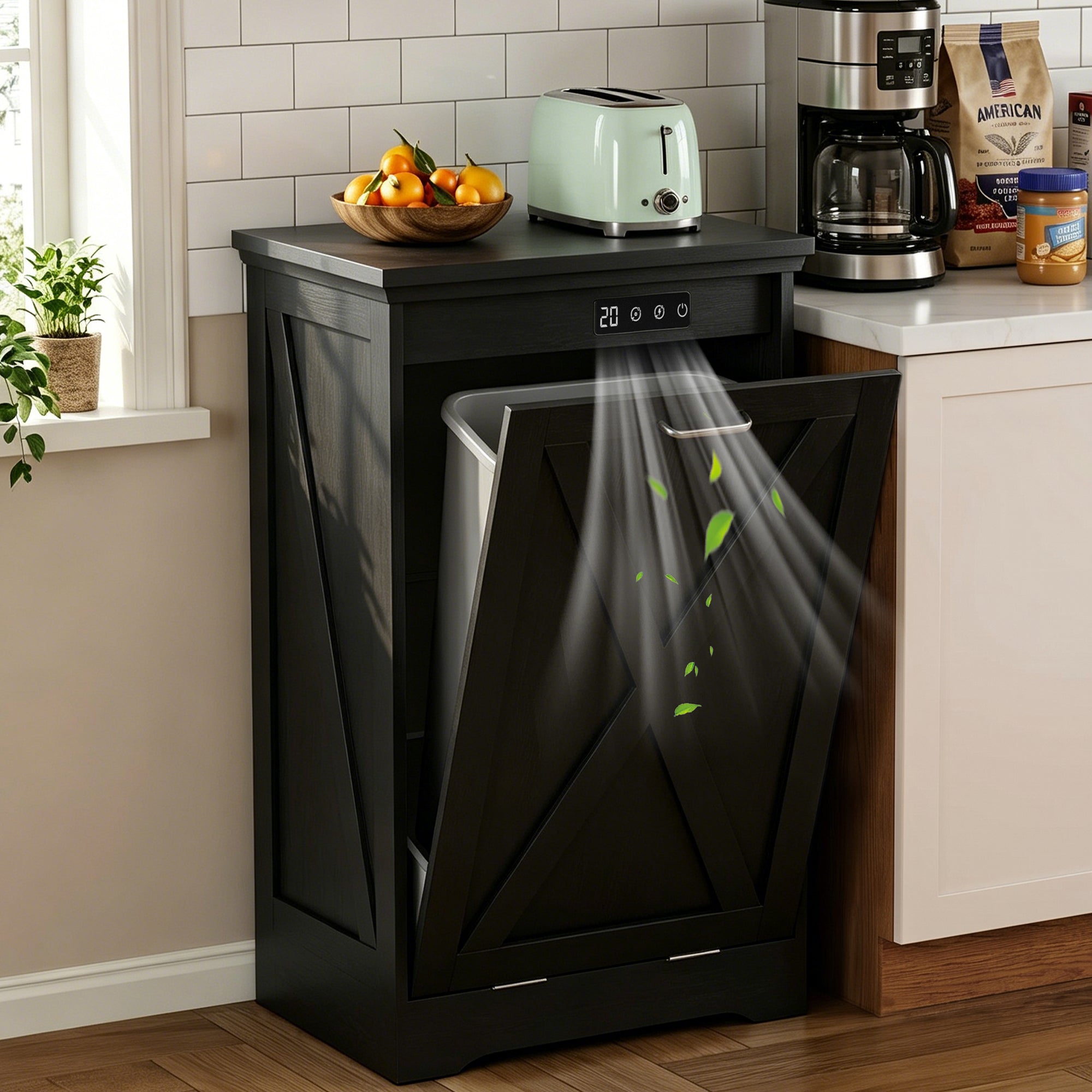 Betterhood Single 13 Gallon Tilt Out Trash Can Cabinet with Deodorising Function, Modern Farmhouse Wooden Hidden Garbage Bin Holder for Kitchen, Dining Room, Bathroom, Black