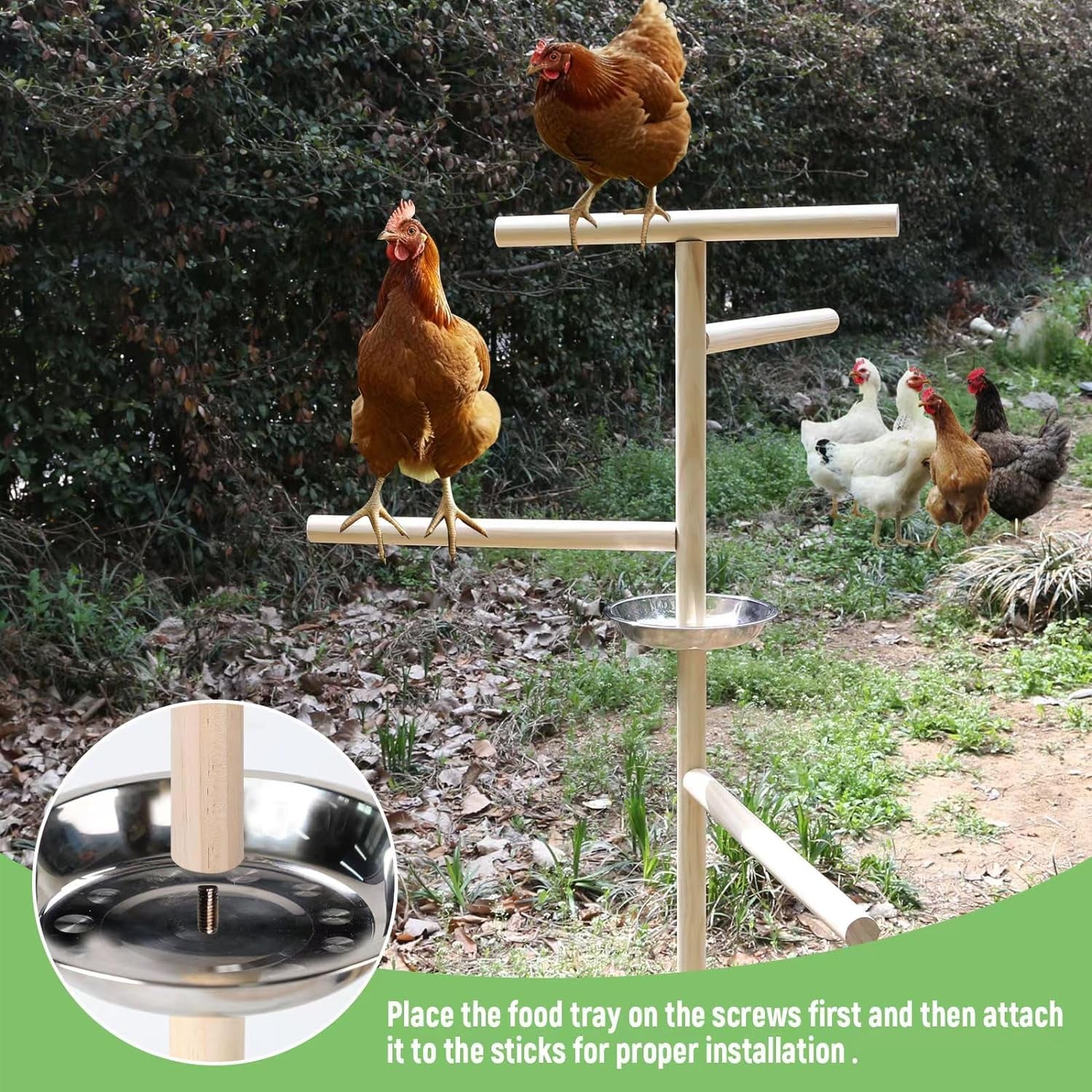 2 PC Chicken Perch Toy with Feeder Bowl for Coop (57"H), 9Parts 3 Minutes Installation, Wooden Chicken Roost 33Mm Diameter Stand with Metal Ground Plug, Chicken Coop Accessories, Chicken Roosting Bars