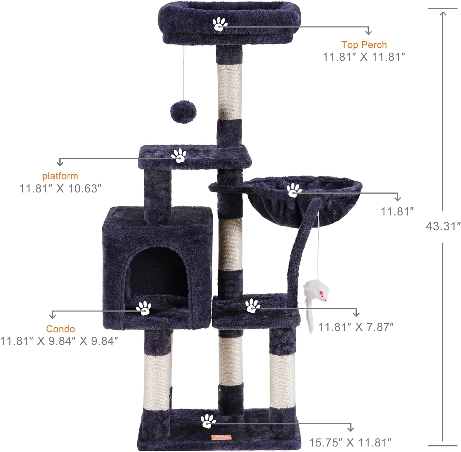 Cat Tree with Toy, Cat Tower Condo for Indoor Cats, Cat House with Padded Plush Perch, Cozy Hammock and Sisal Scratching Posts, Smoky Gray HCT004SG