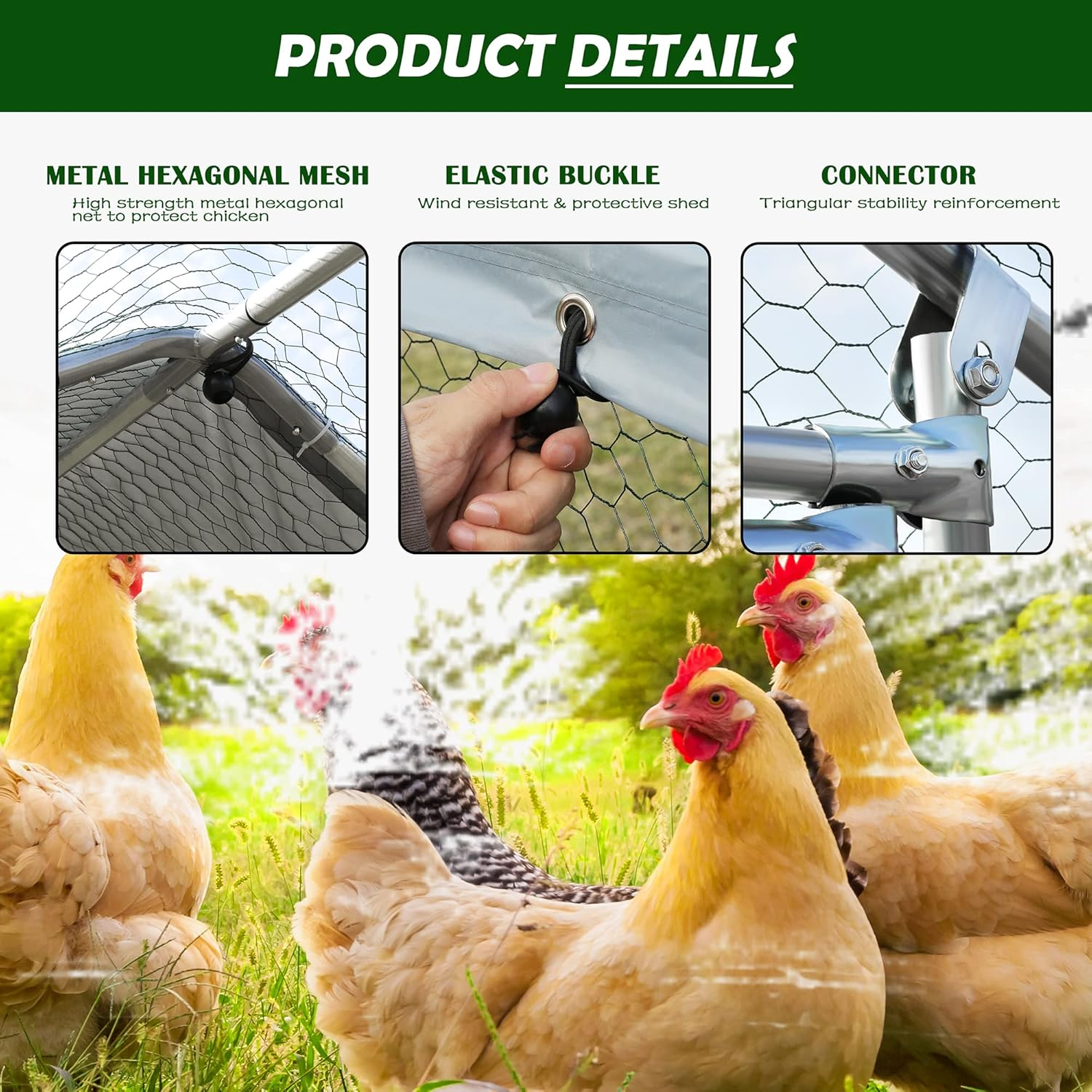 Betterhood Large Metal Chicken Coop Upgrade Tri-Supporting Wire Mesh Chicken Run,Chicken Pen with Water-Resident and Anti-UV Cover,Duck Rabbit House Outdoor(9'W x 19'L x 6.5'H)