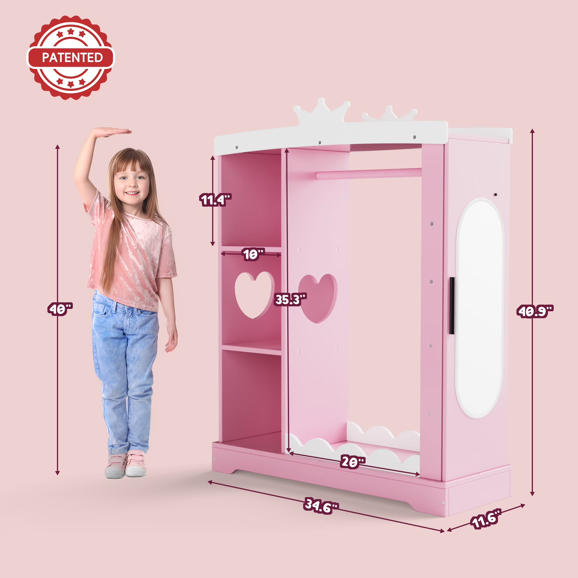 Tolead Kids Dress-Up Closet with Mirror & Jewelry Storage, Toddler Costume Organizer with Hanging Rod & Shelves, Pink Wardrobe for Girls’ Bedroom