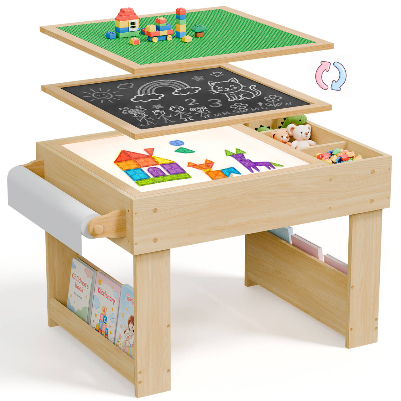 Xilingol 5-in-1 Kids Light Table, Reversible Activity Desk with Sand Art, Building Block, Blackboard, Paper Roll Holder, Storage & Bookshelf, Sensory Play Table for Toddlers Ages 3+, Natural