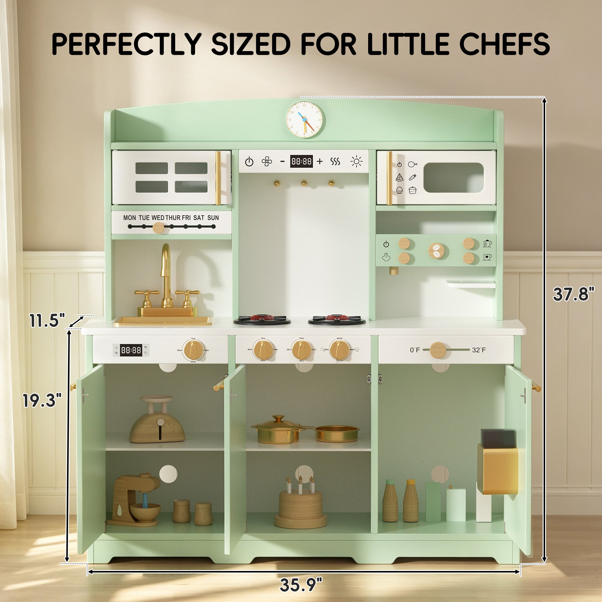 Xilingol Kids Kitchen Playset, Wooden Play Kitchen with 24 Accessories, Mint Green