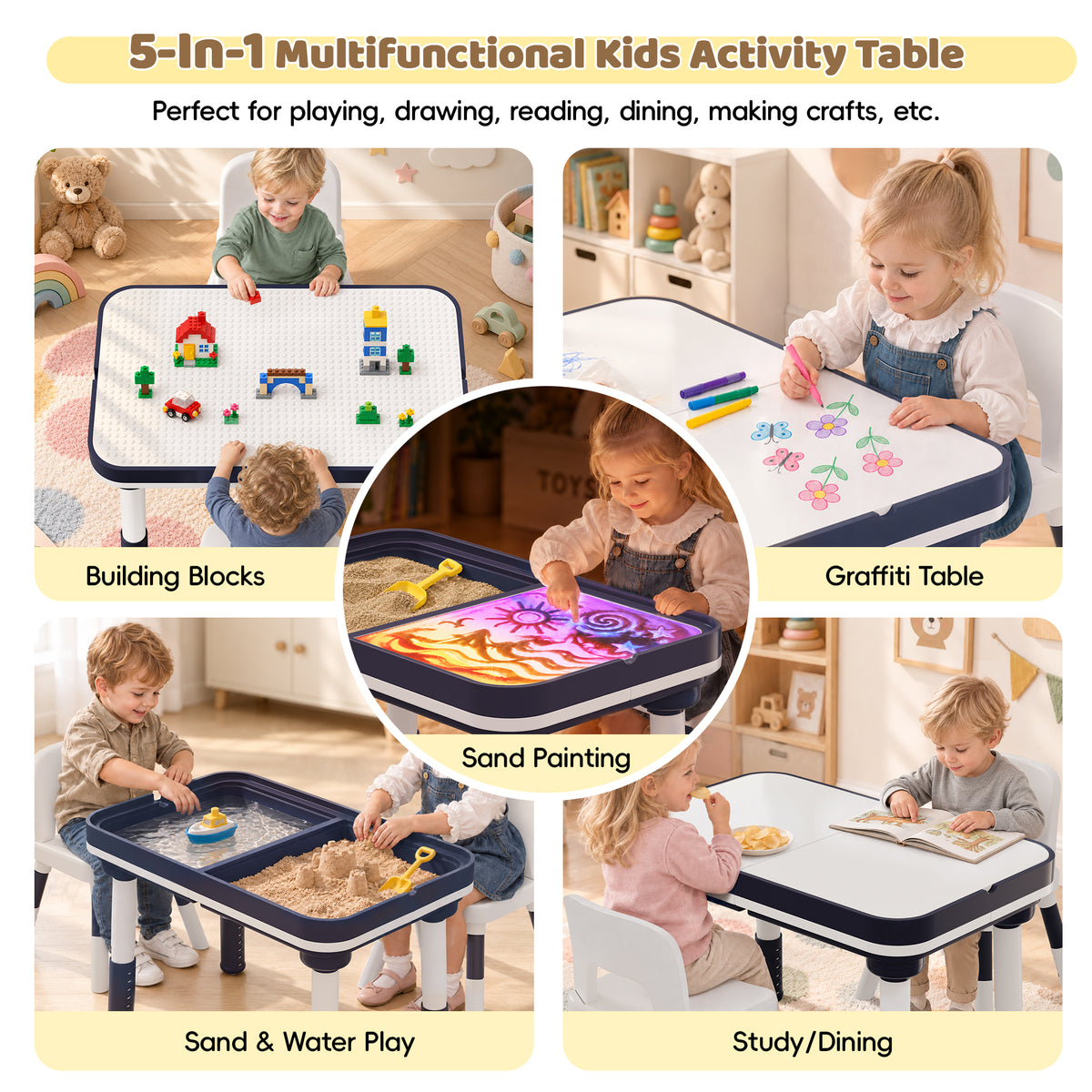 Xilingol 5-in-1 Kids Table and Chairs Set, Sand Painting Box for Toddlers