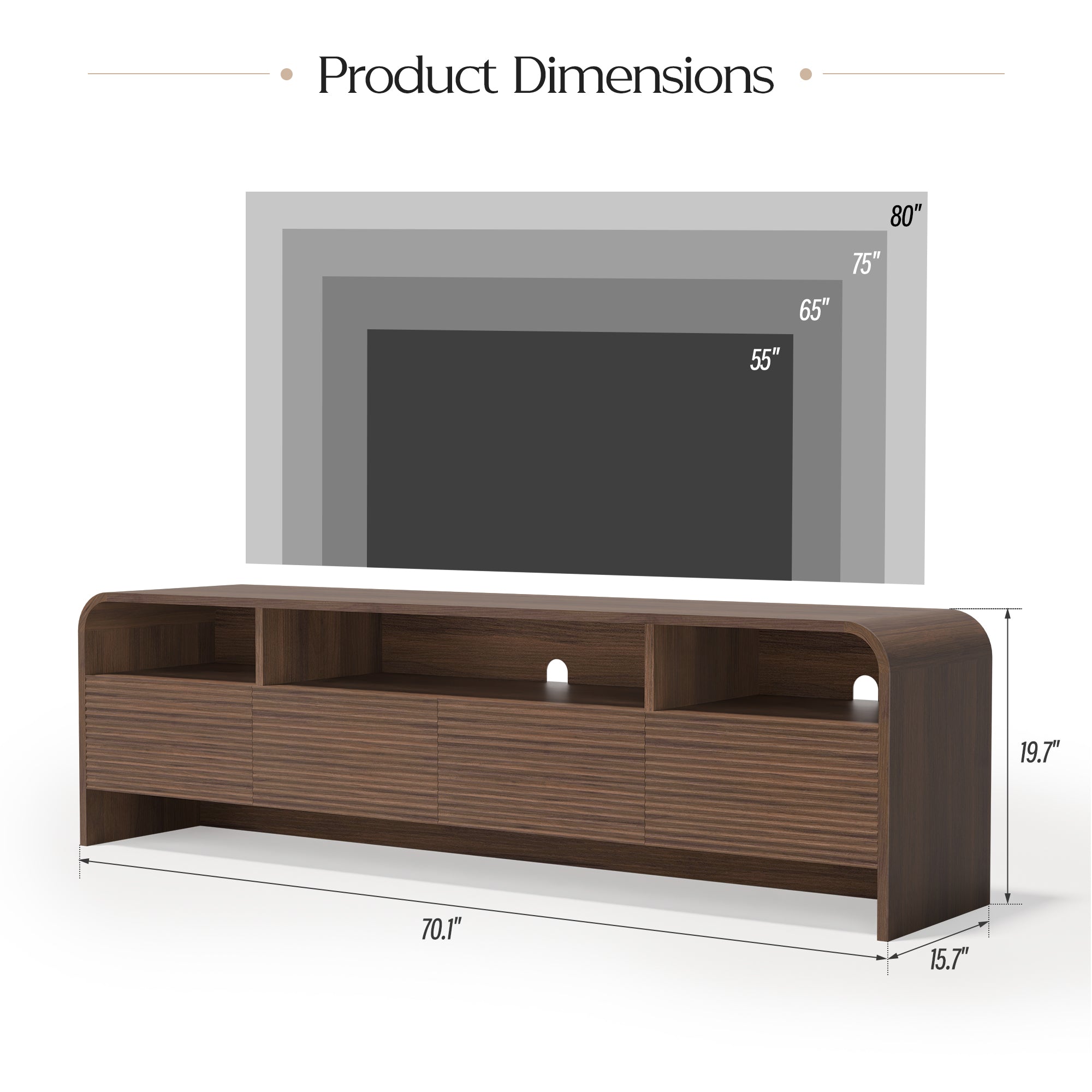 Xilingol 70" Fluted TV Stand, Modern Media Console for TVs up to 80", Dark Walnut