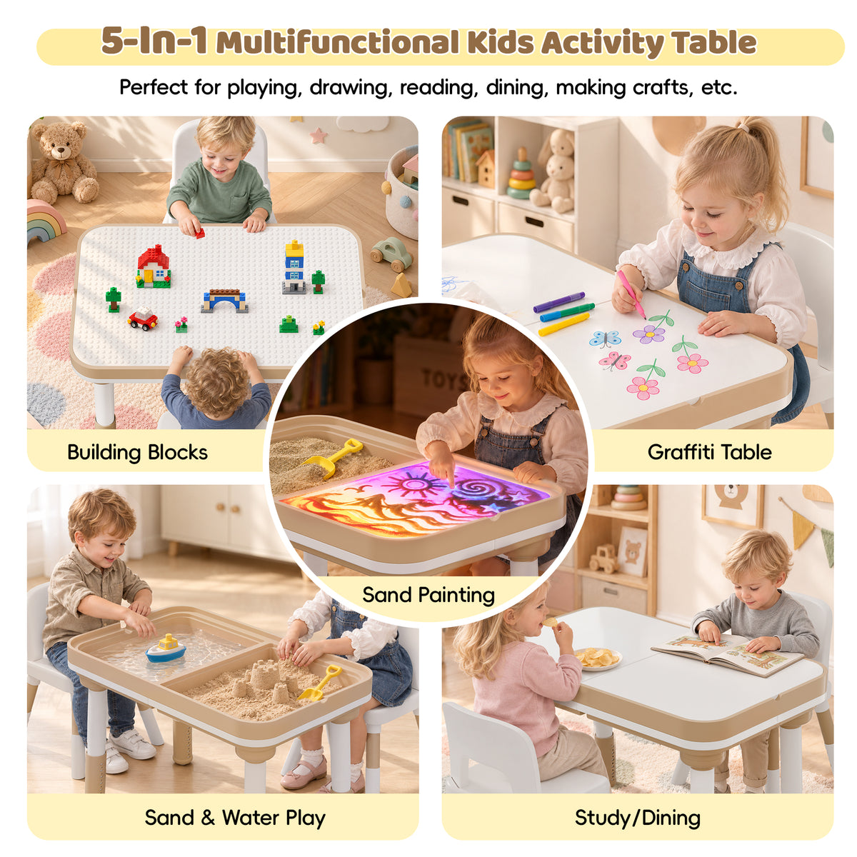 Xilingol 5-in-1 Kids Table and Chairs Set, Sand Painting Box for Toddlers