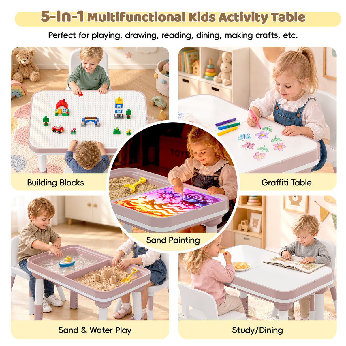 Xilingol 5-in-1 Kids Table and Chairs Set, Sand Painting Box for Toddlers