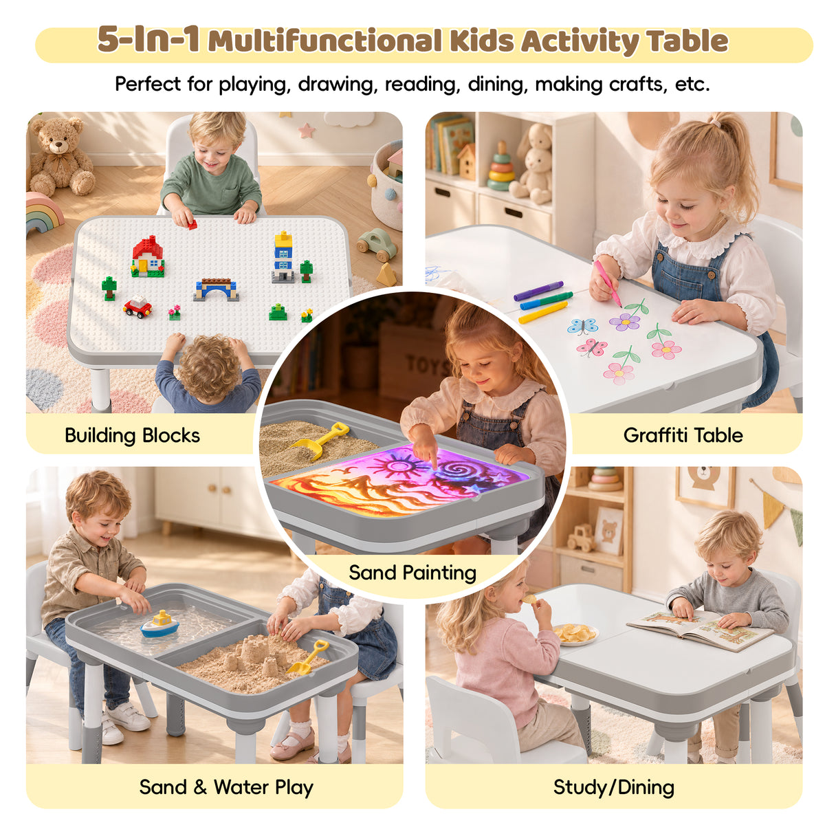 Xilingol 5-in-1 Kids Table and Chairs Set, Sand Painting Box for Toddlers