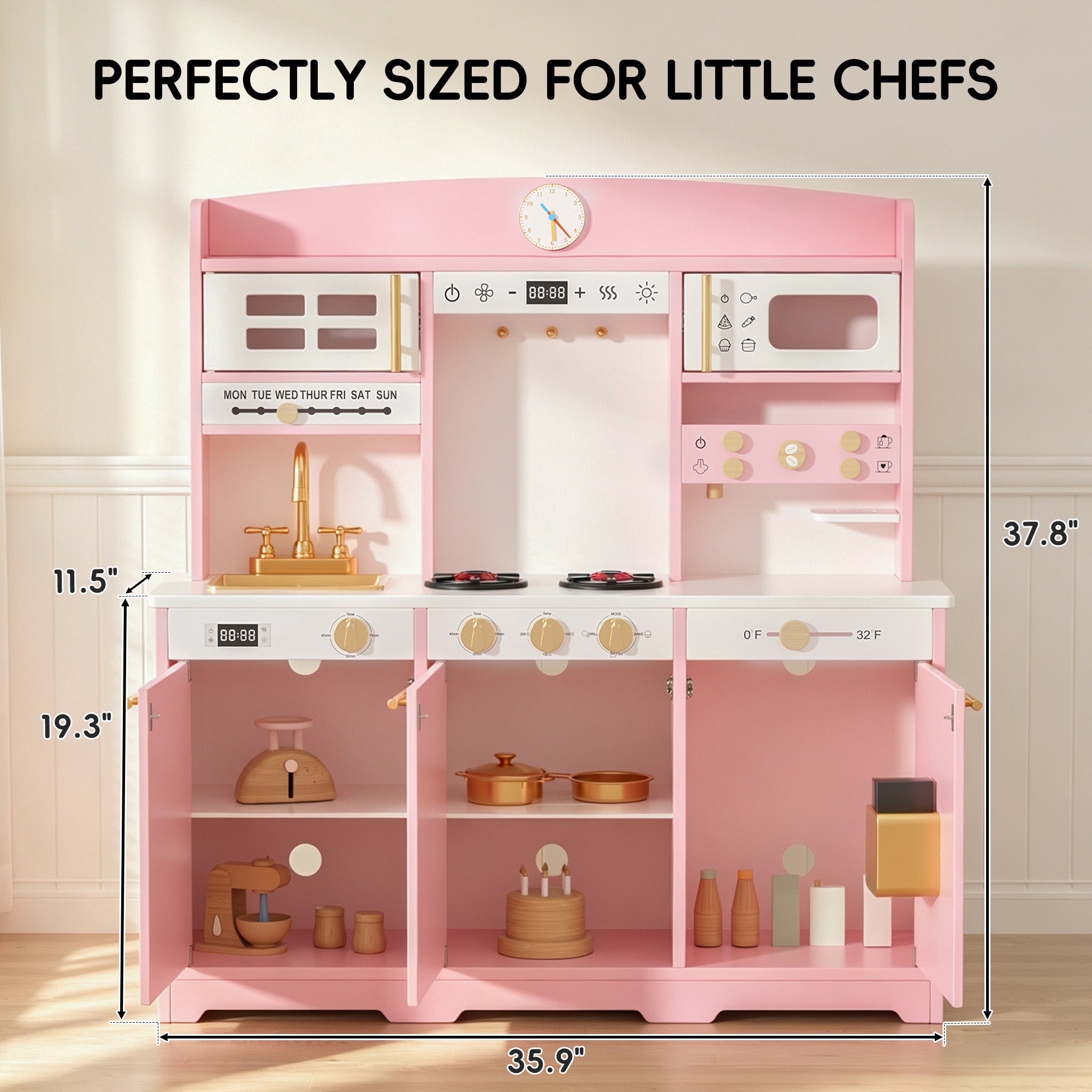 Xilingol Kids Kitchen Playset, Wooden Play Kitchen with 24 Accessories, Pink