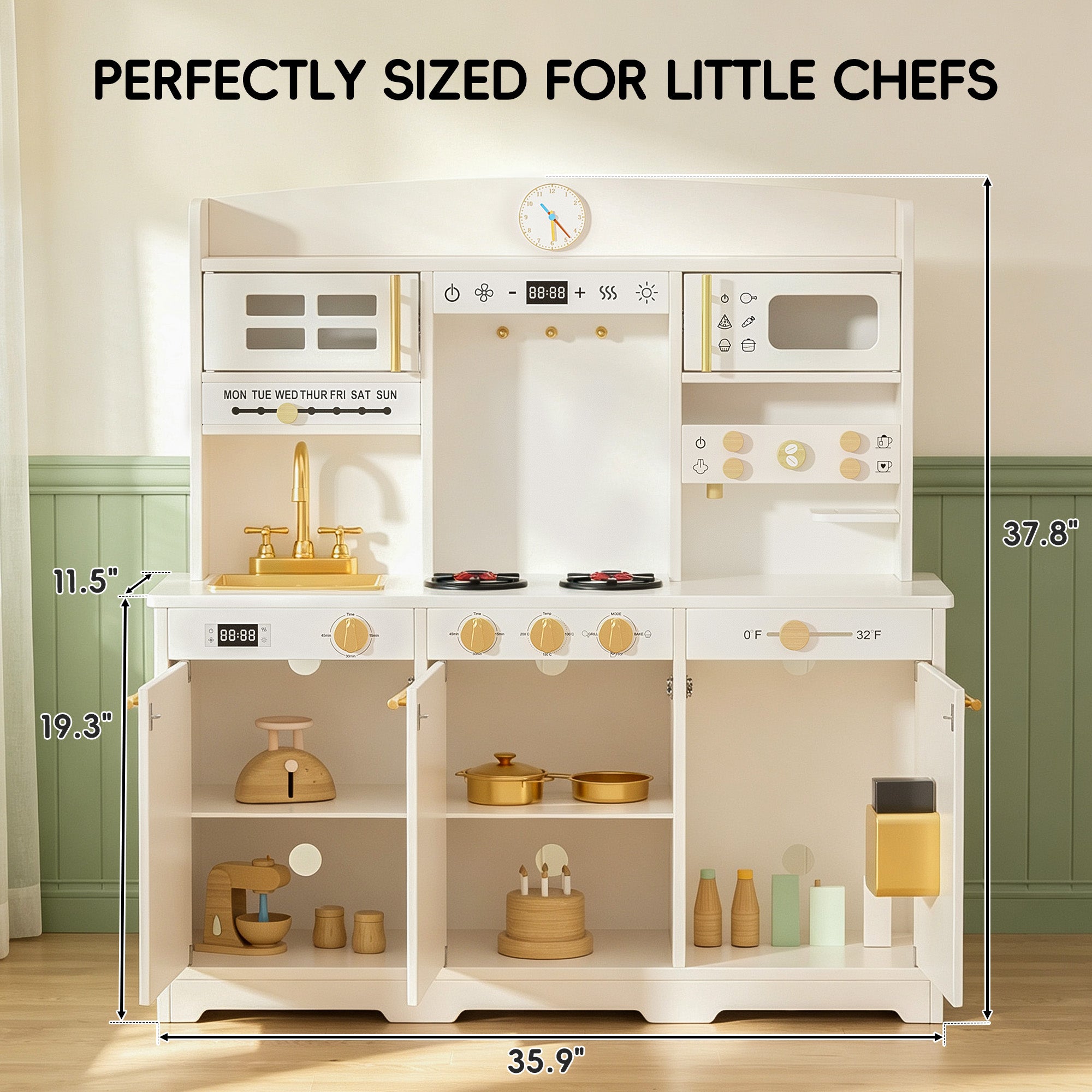 Xilingol Kids Kitchen Playset, Wooden Play Kitchen with 24 Accessories, Cream White