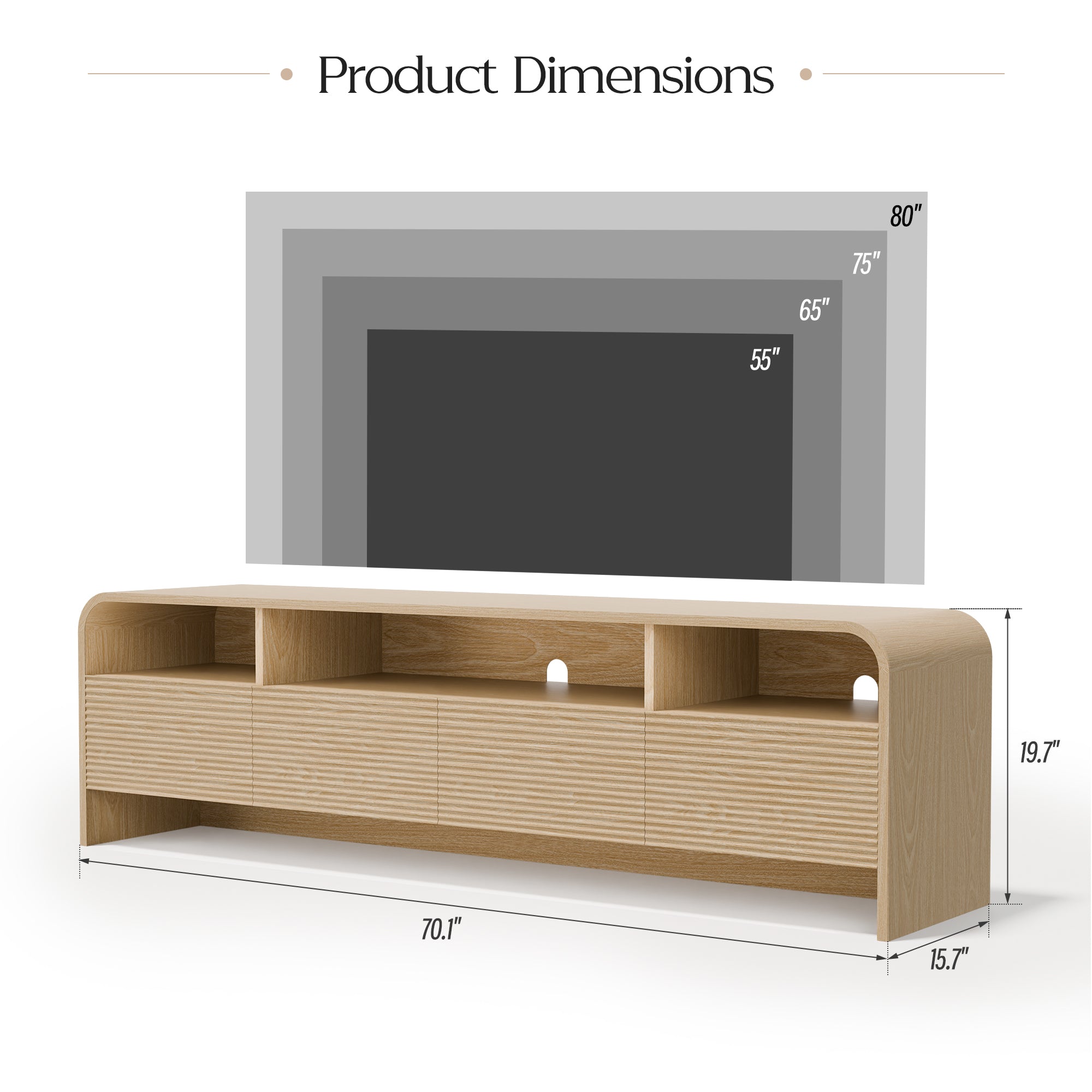 Xilingol 70" Fluted TV Stand, Modern Media Console for TVs up to 80", Natural Oak