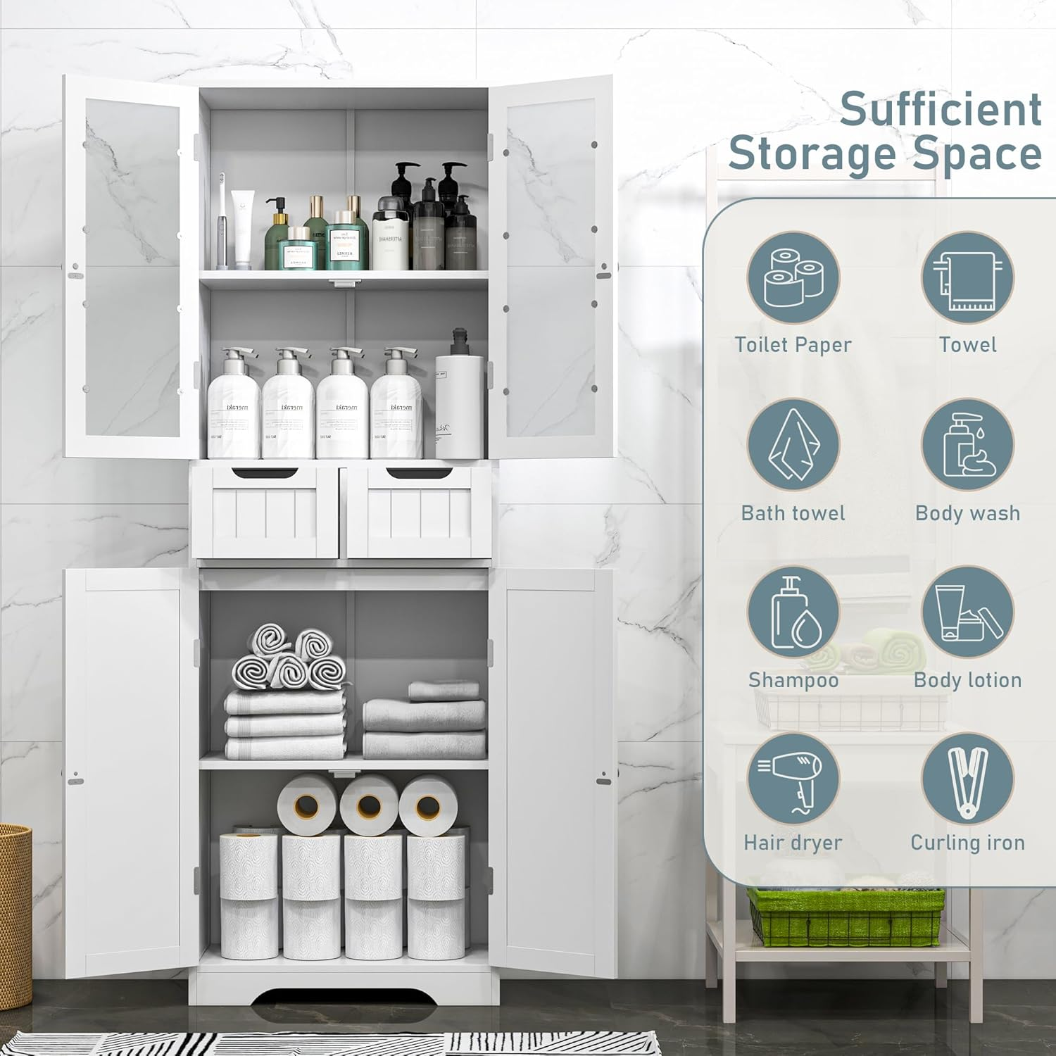 Betterhood 67" Tall Bathroom Storage Cabinet, Freestanding Linen Cabinet with Glass Doors and Shelves, Large Bathroom Pantry Cabinet with 2 Drawers for Living Room, Kitchen, Dining Room, Office, White