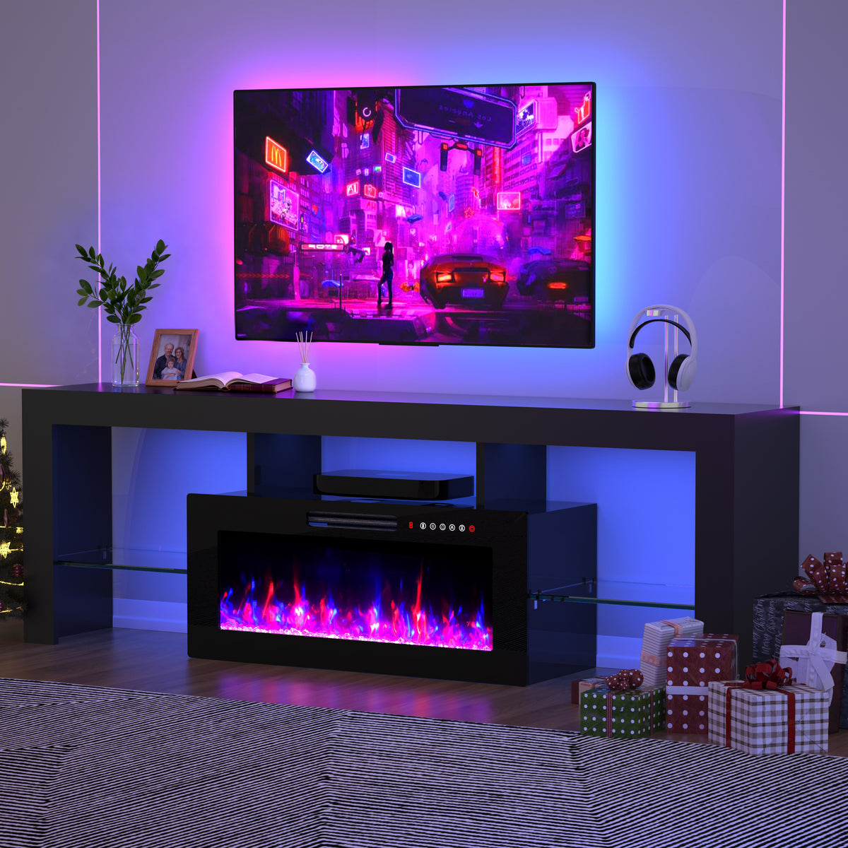 Xilingol 70" Modern TV Stand with Fireplace for TVs up to 80", Black