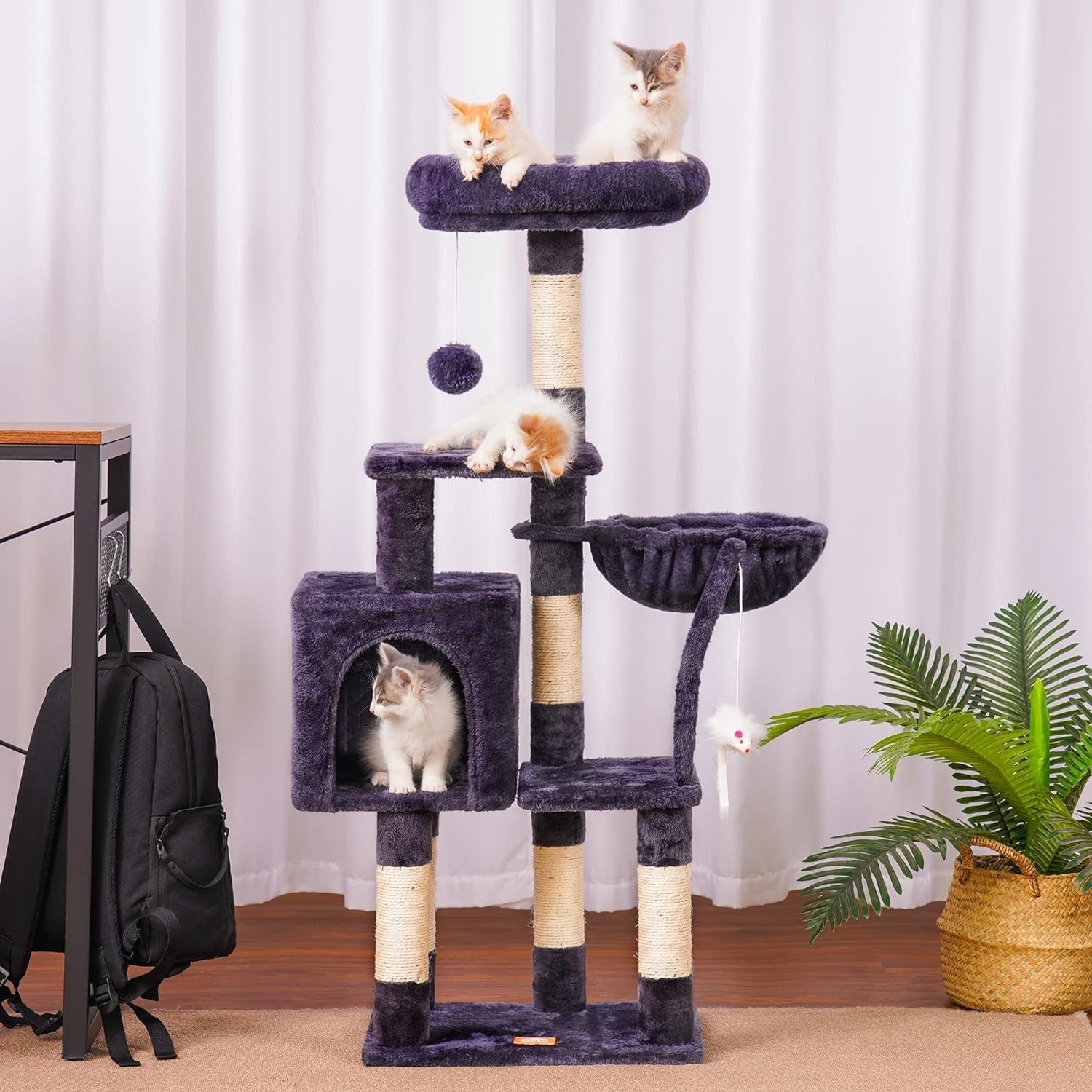 Cat Tree with Toy, Cat Tower Condo for Indoor Cats, Cat House with Padded Plush Perch, Cozy Hammock and Sisal Scratching Posts, Smoky Gray HCT004SG