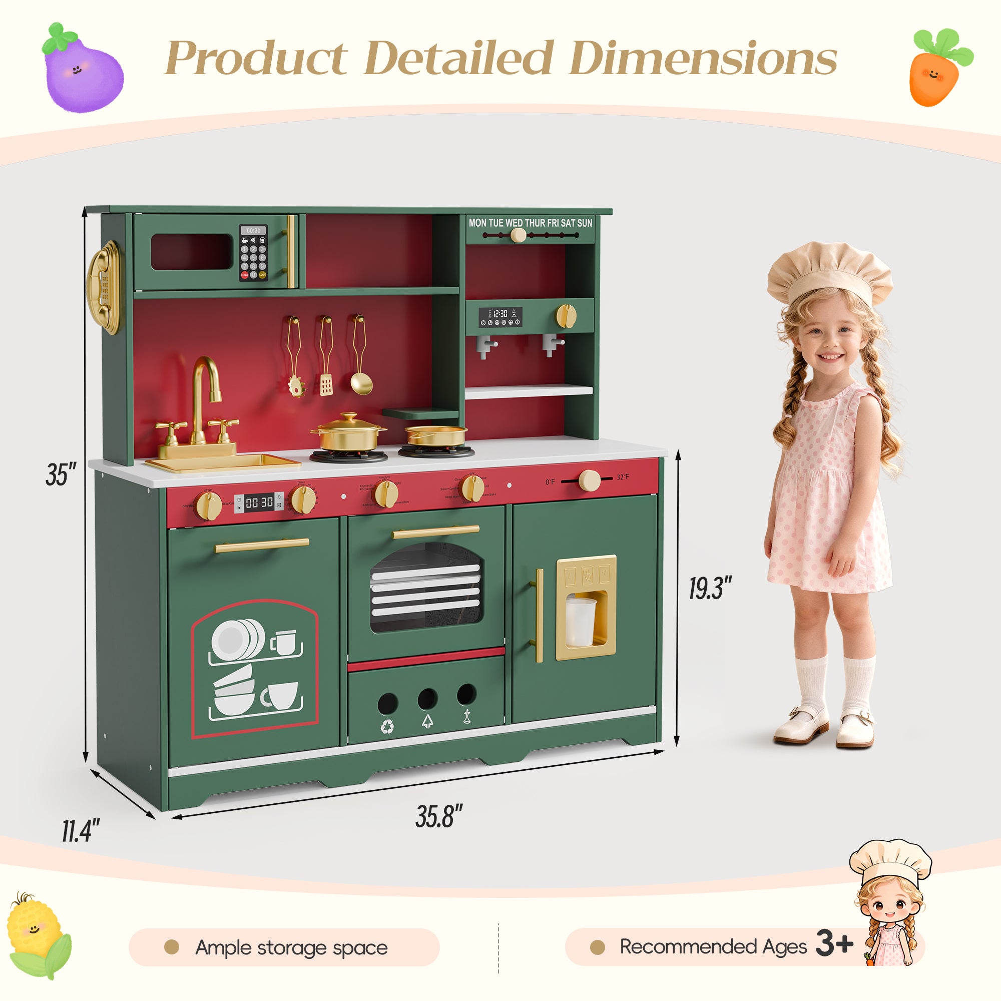 Play Kitchen for Toddlers, Kids Kitchen Playset, Wooden Kitchen Set for Kids with Toy Food and Cookware Accessories, Gift for Ages 3+ Girls Boys. Christmas Green
