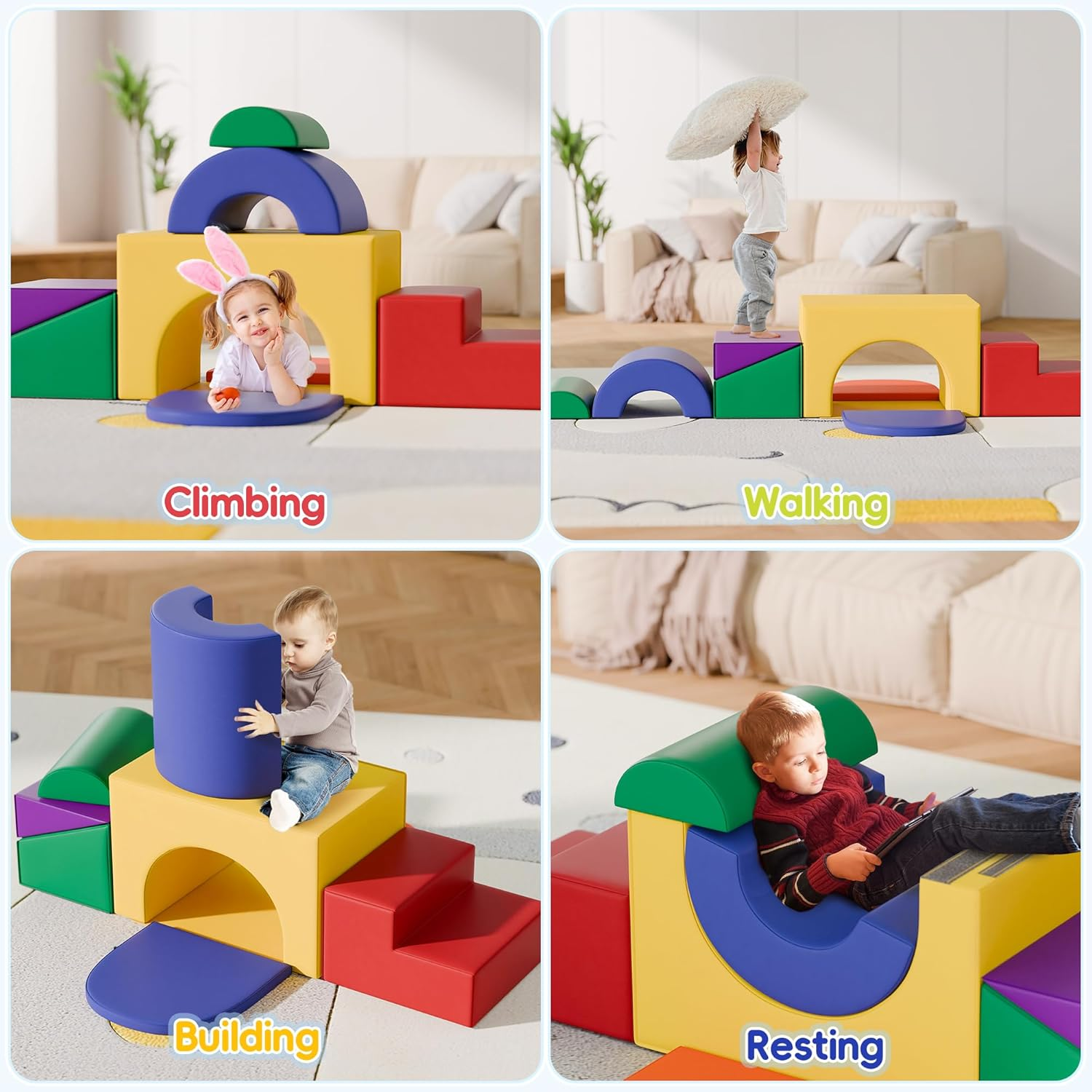 TOLEAD Soft Foam Climbing Blocks Set – Large 5-in-1 Soft Play Toys Crawling & Sliding Climbing Arch for Toddlers, Foam Playset for Nursery,Preschool (Classic American Color)