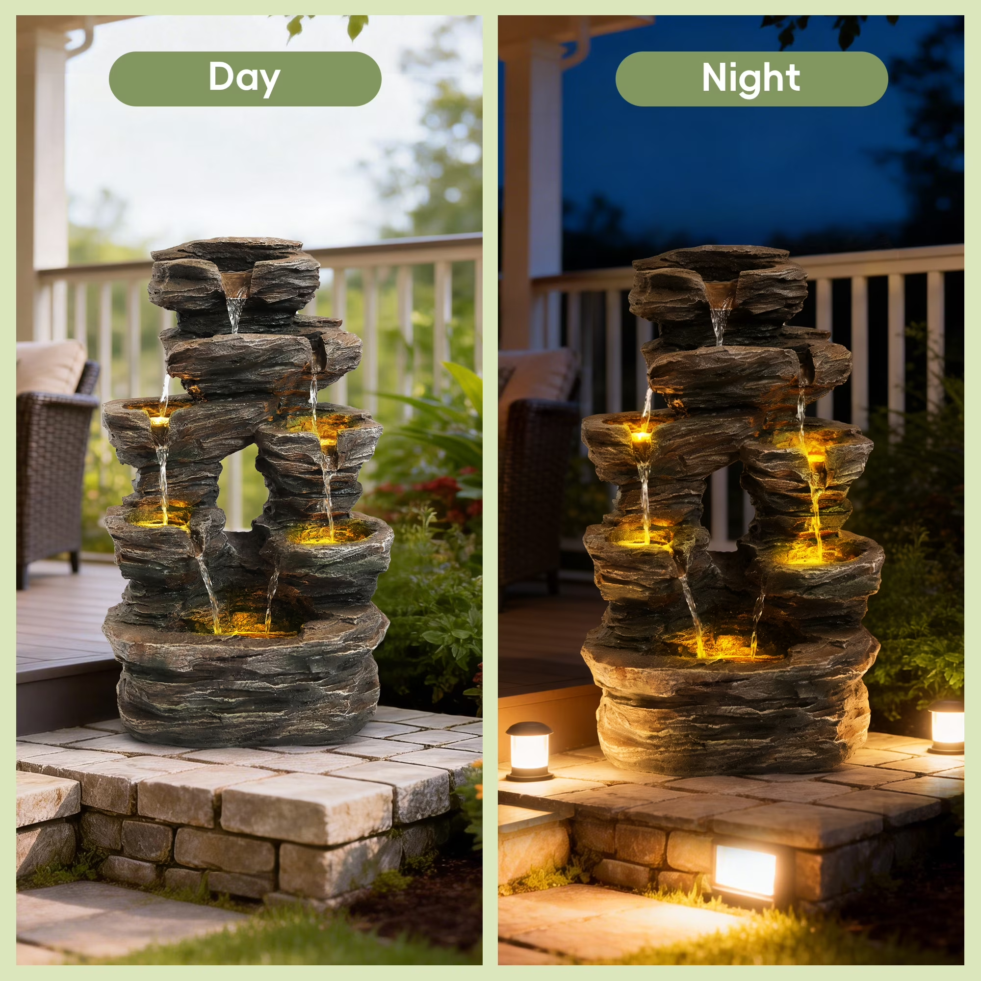 7-Tier Cascading Rock Water Fountain, Outdoor Water Fountain with LED Light, Adjustable Flow & Electric Pump, Outdoor Garden Waterfall for Patio, Yard, Balcony or Home Decor (Gray)