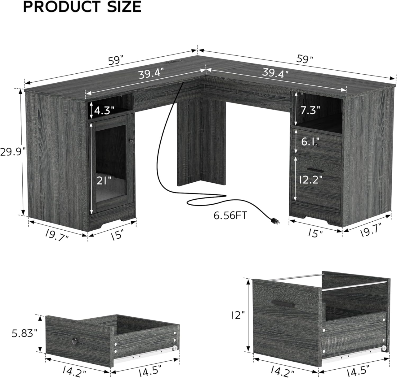 MU L Shaped Desk with File Cabinet, Corner Computer Desk with Storage Drawers, Large Home Office Table with Power Outlets, 60 Inch (Grey)