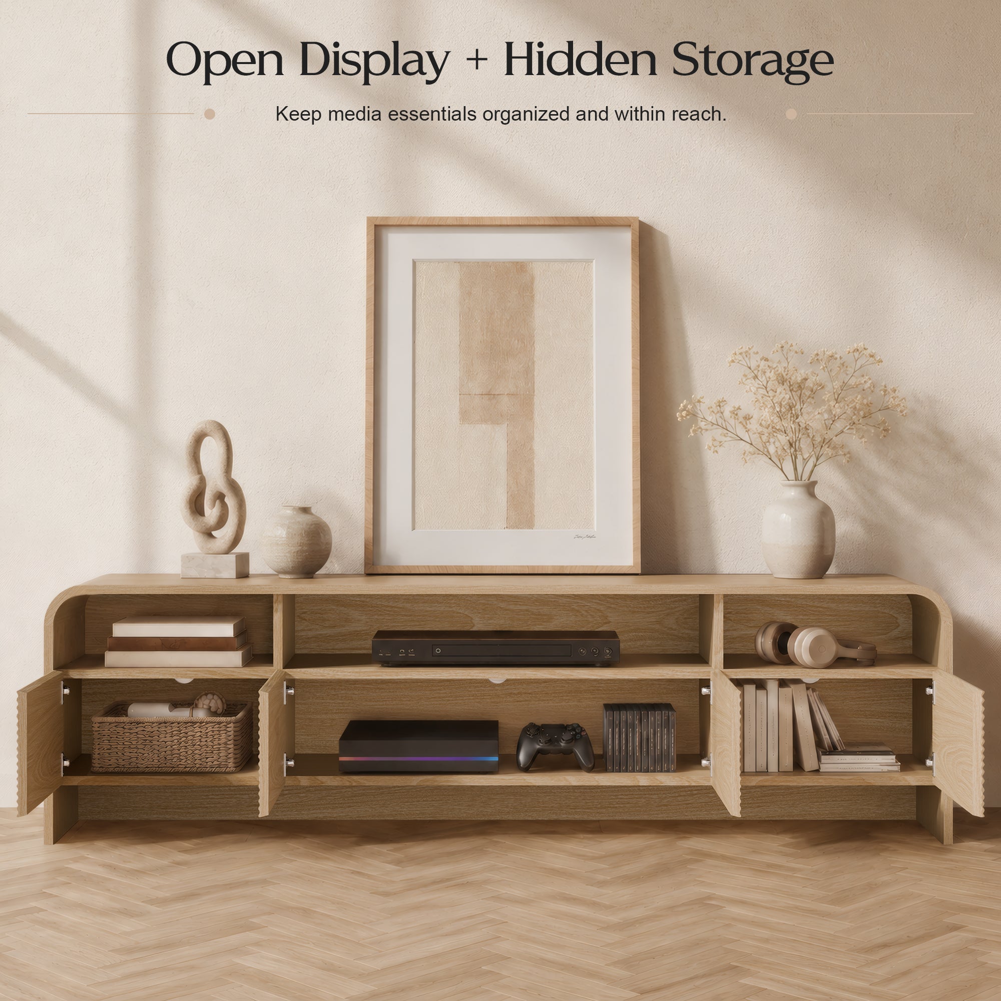 Xilingol 70" Fluted TV Stand, Modern Media Console for TVs up to 80", Natural Oak