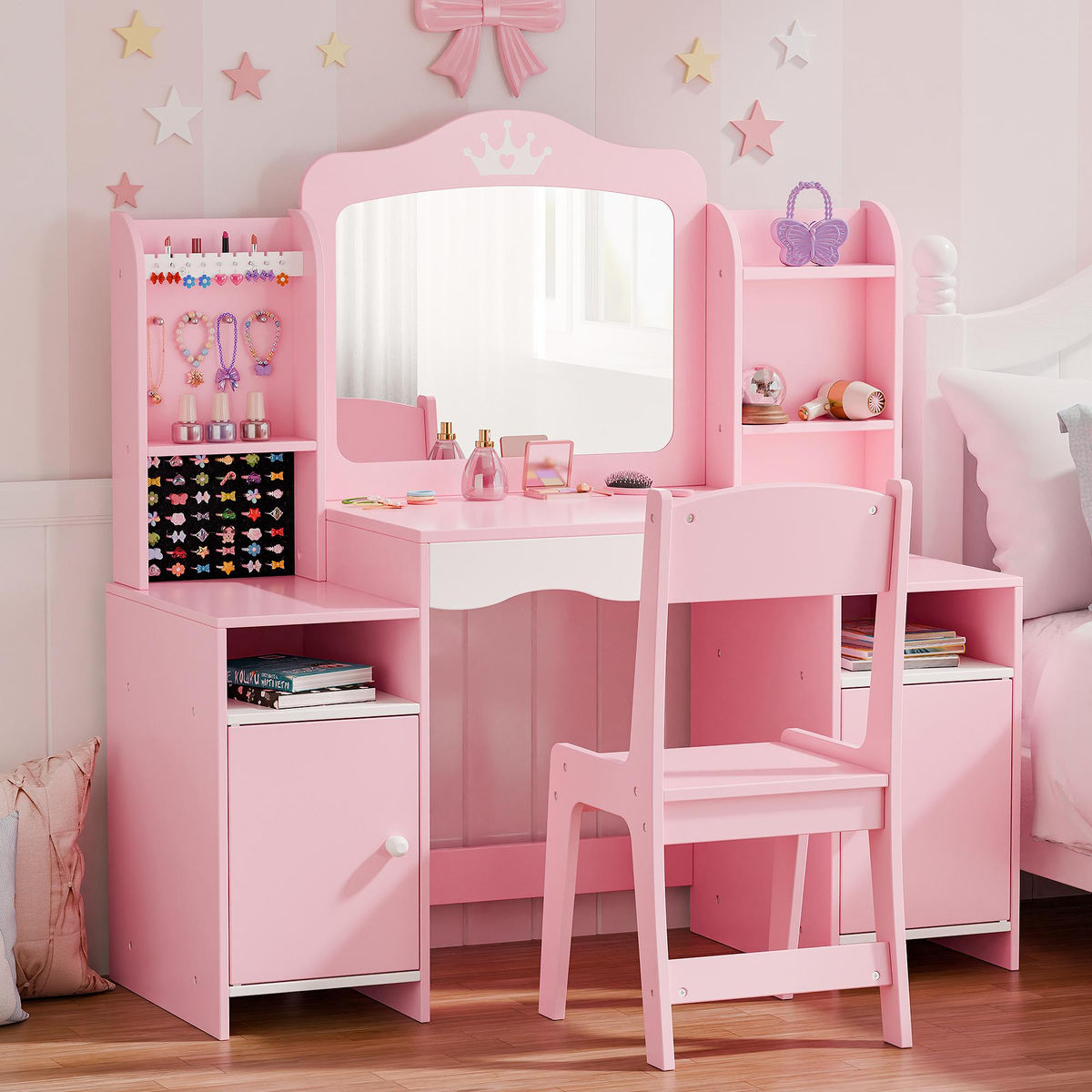 Topwin Blush Pink Dream Vanity Set/ Mirror & Free Throne Chair - 42-Slot Organizer Makeup Dressing Desk Pink
