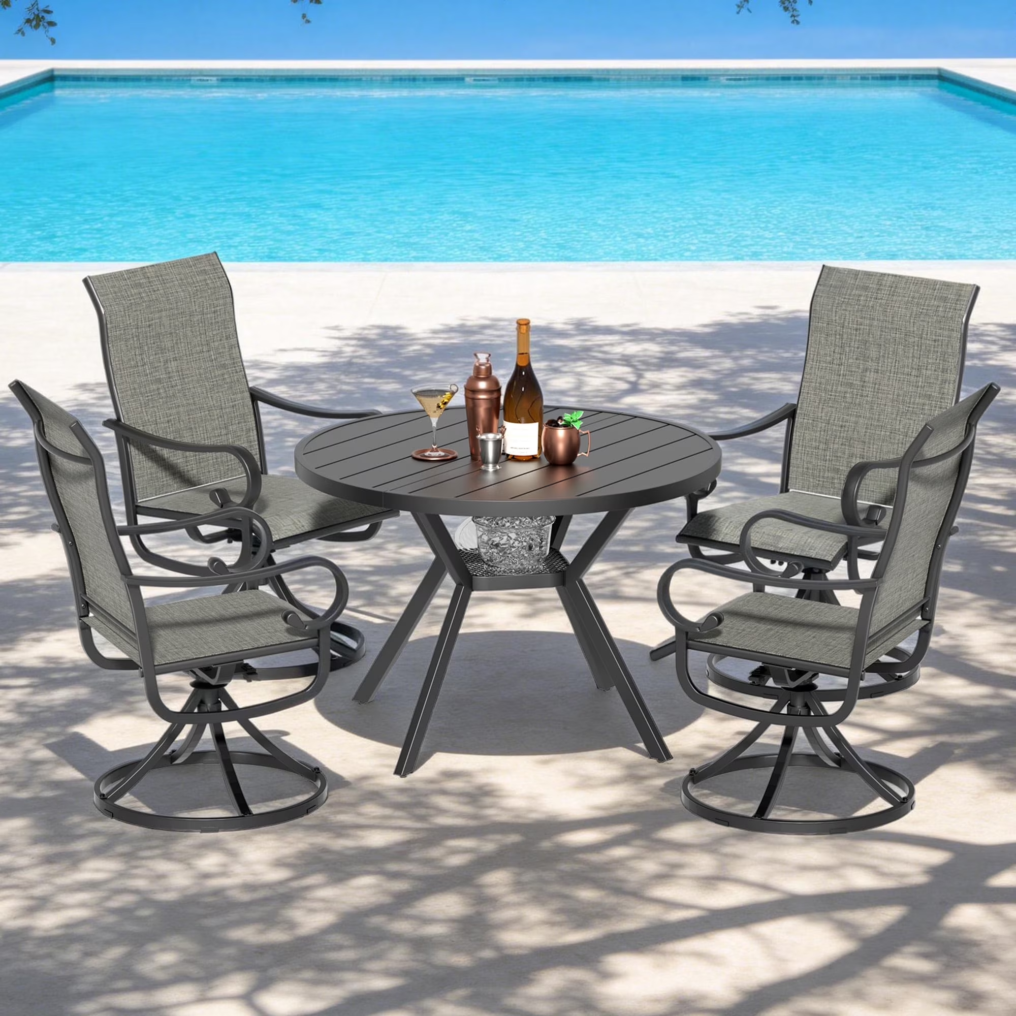 Zidtia 5 Piece Patio Dining Set for 4, 42” Round Metal Table with Umbrella Hole & 4 Swivel Chairs, All Weather Outdoor Patio Furniture Set