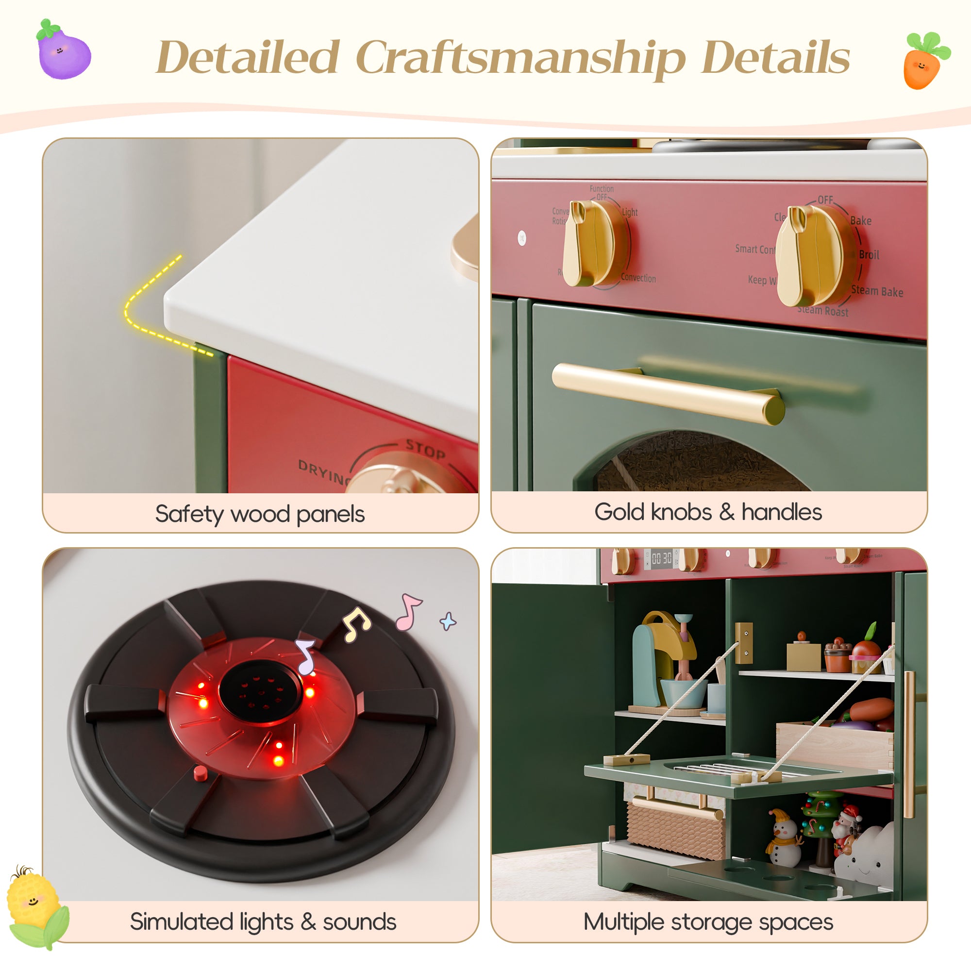 Play Kitchen for Toddlers, Kids Kitchen Playset, Wooden Kitchen Set for Kids with Toy Food and Cookware Accessories, Gift for Ages 3+ Girls Boys. Christmas Green