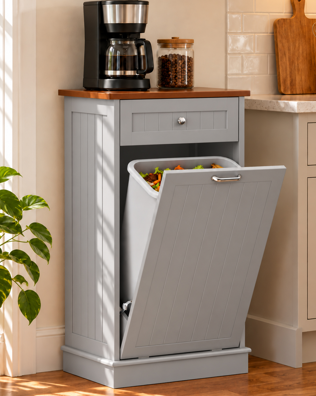 Betterhood 13 Gallon Tilt Out Trash Cabinet with Big Storage Drawer, Solid Wooden Trash Garbage Can Cabinet, Mid-Century Modern Recycling Cabinet & Laundry Sorter for Kitchen Dining Room, Gray