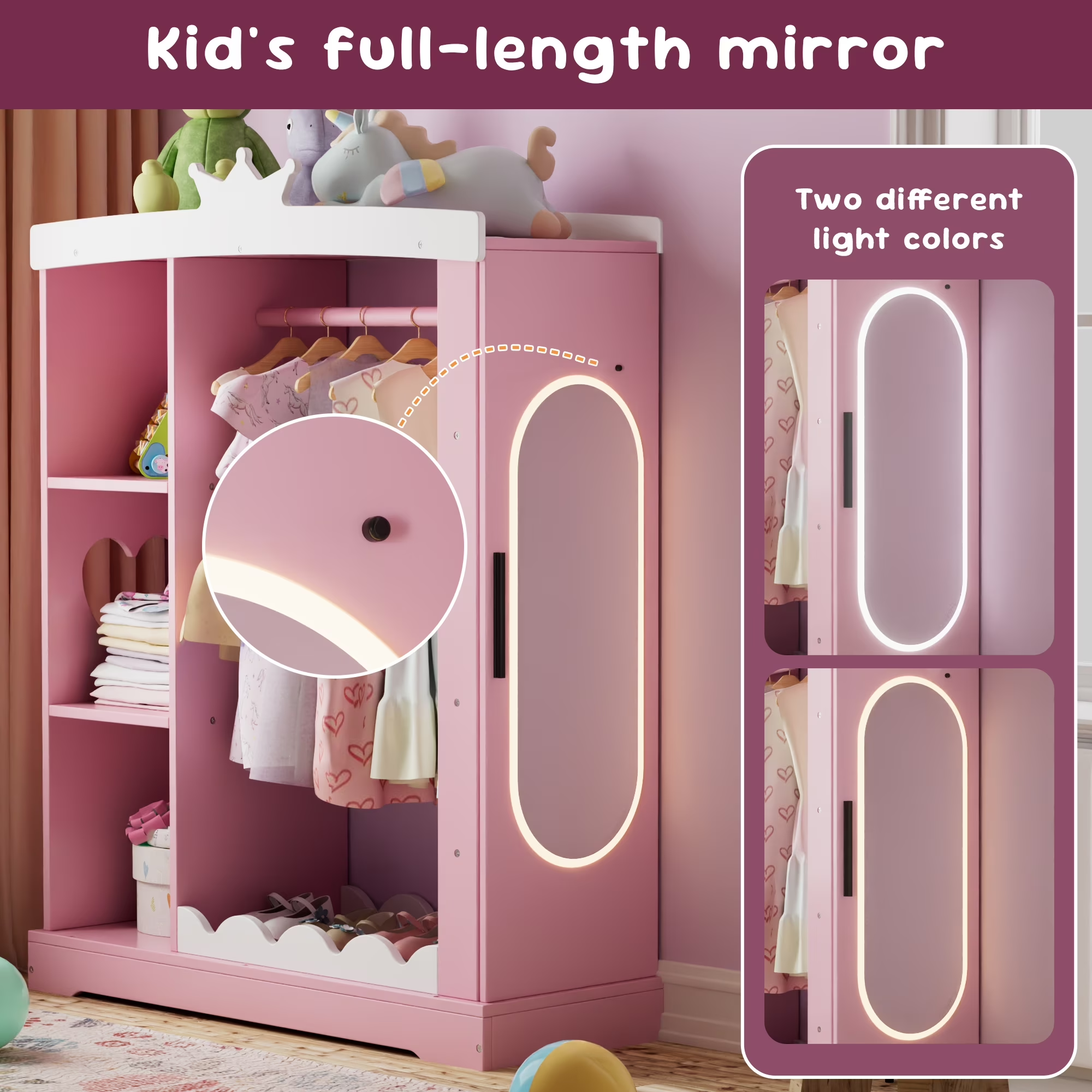 Tolead Kids Dress-Up Closet with Mirror & Jewelry Storage, Toddler Costume Organizer with Hanging Rod & Shelves, Pink Wardrobe for Girls’ Bedroom