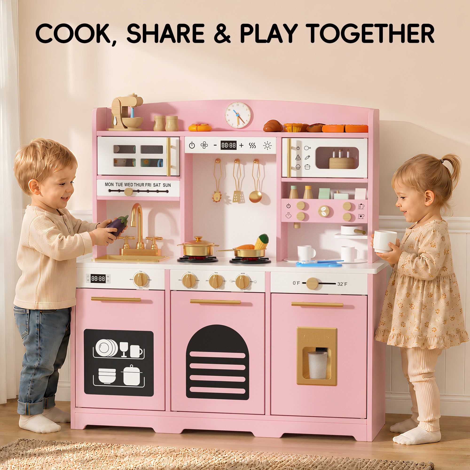 Xilingol Kids Kitchen Playset, Wooden Play Kitchen with 24 Accessories, Pink