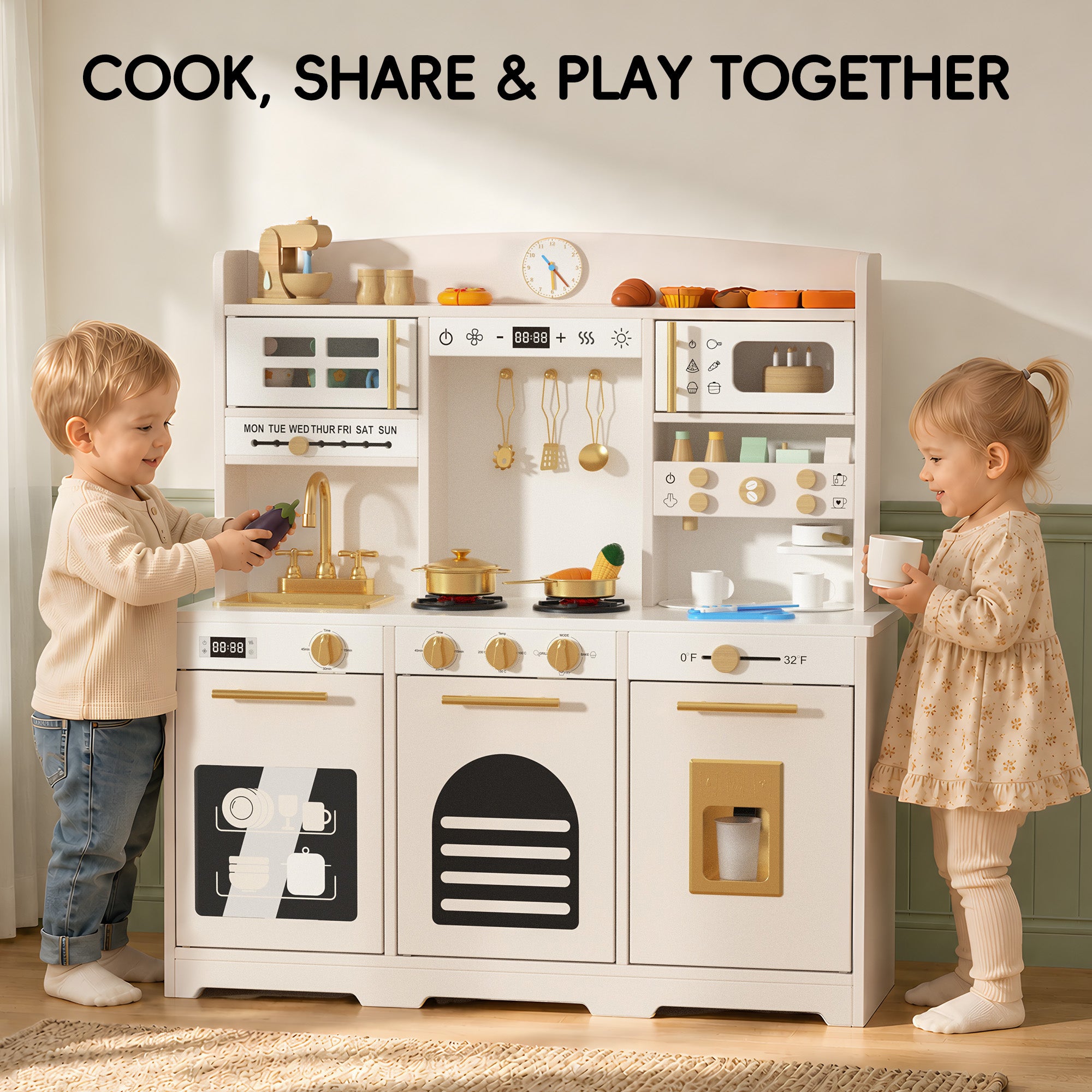 Xilingol Kids Kitchen Playset, Wooden Play Kitchen with 24 Accessories, Cream White