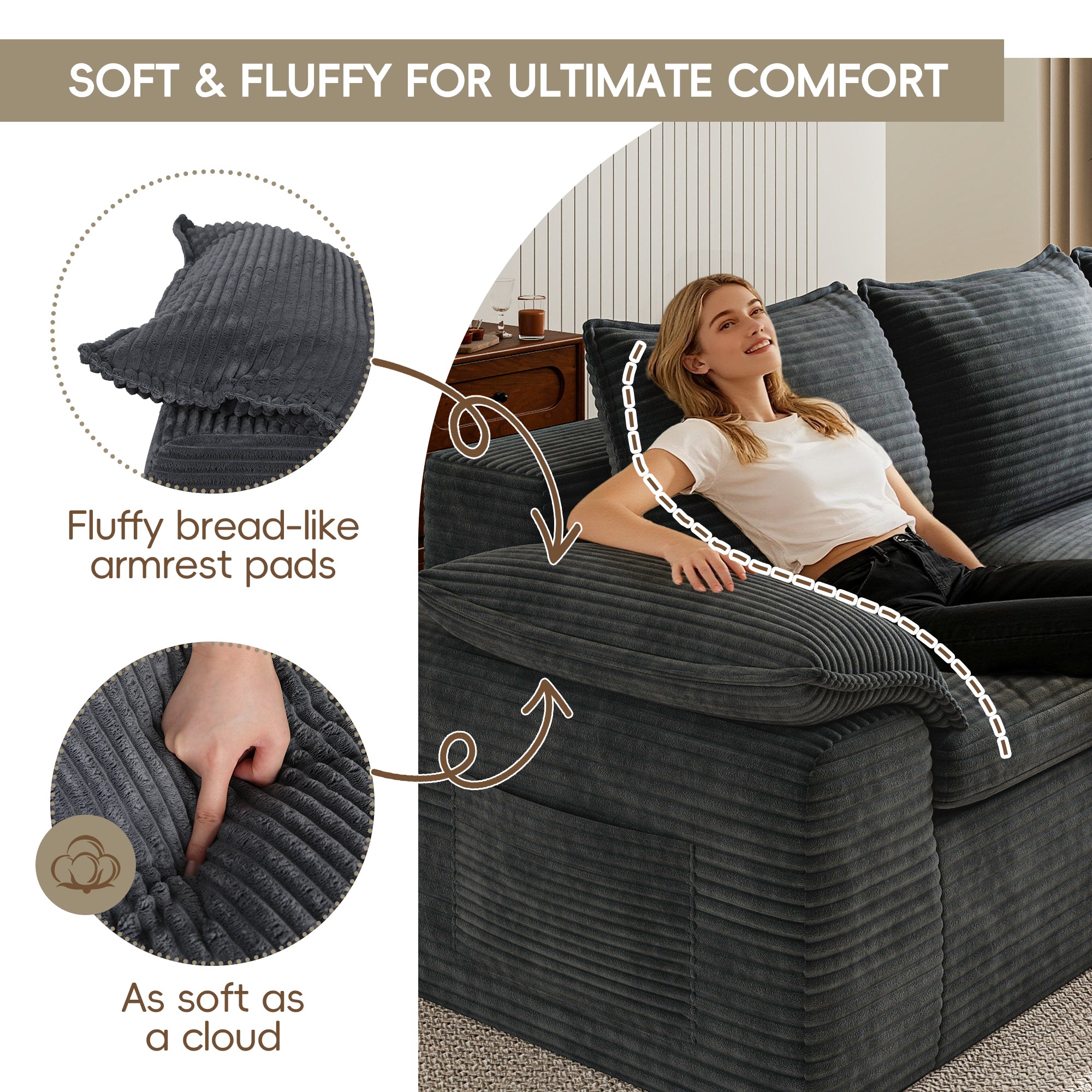 Buytime 104" Comfy Cloud Couch, Convertible Boneless Couches for Living Room, L Shaped Modular Sectional Sofa with Deep Seat, Double-Layer Cloud Cushion and Headrest, Pebble Grey