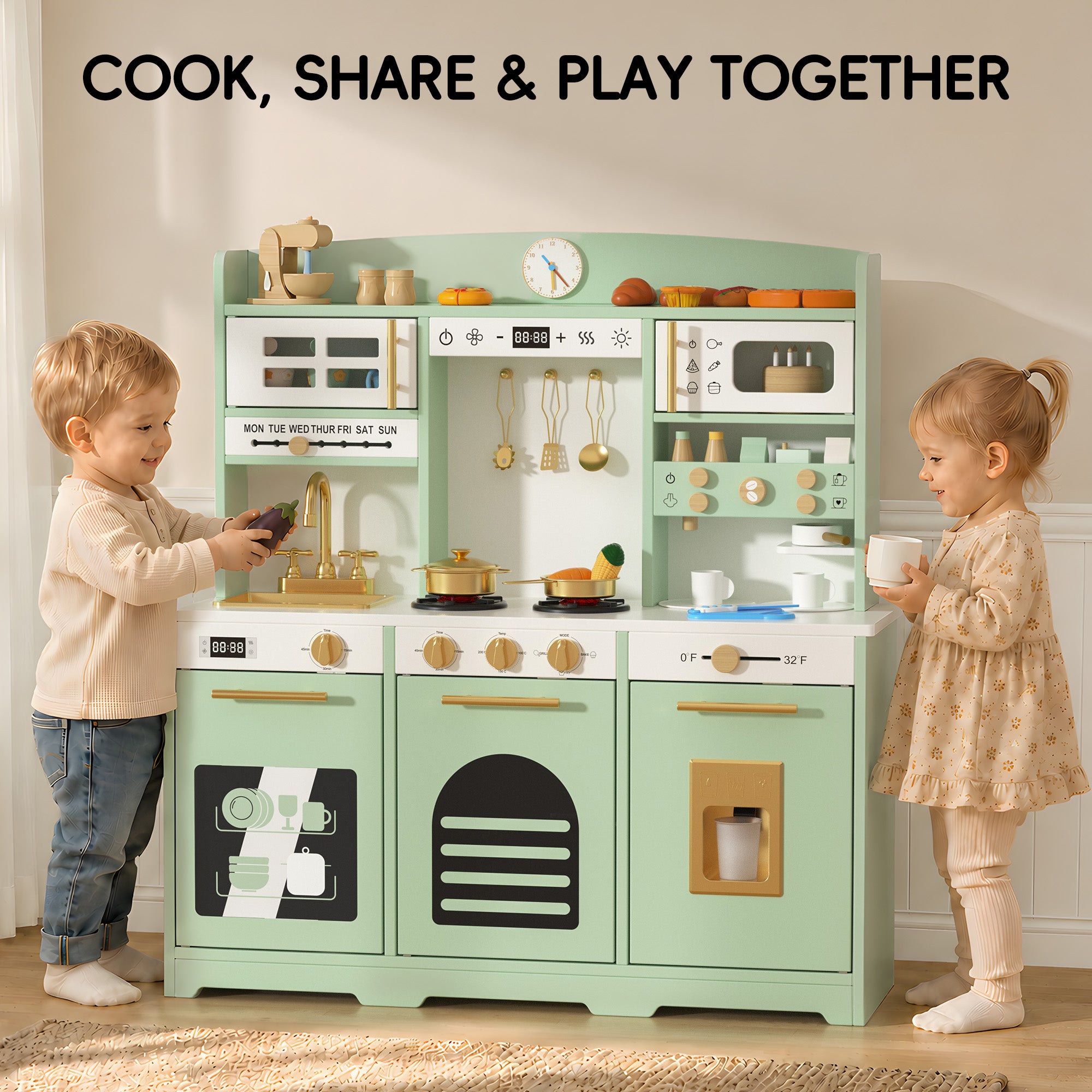 Xilingol Kids Kitchen Playset, Wooden Play Kitchen with 24 Accessories, Mint Green