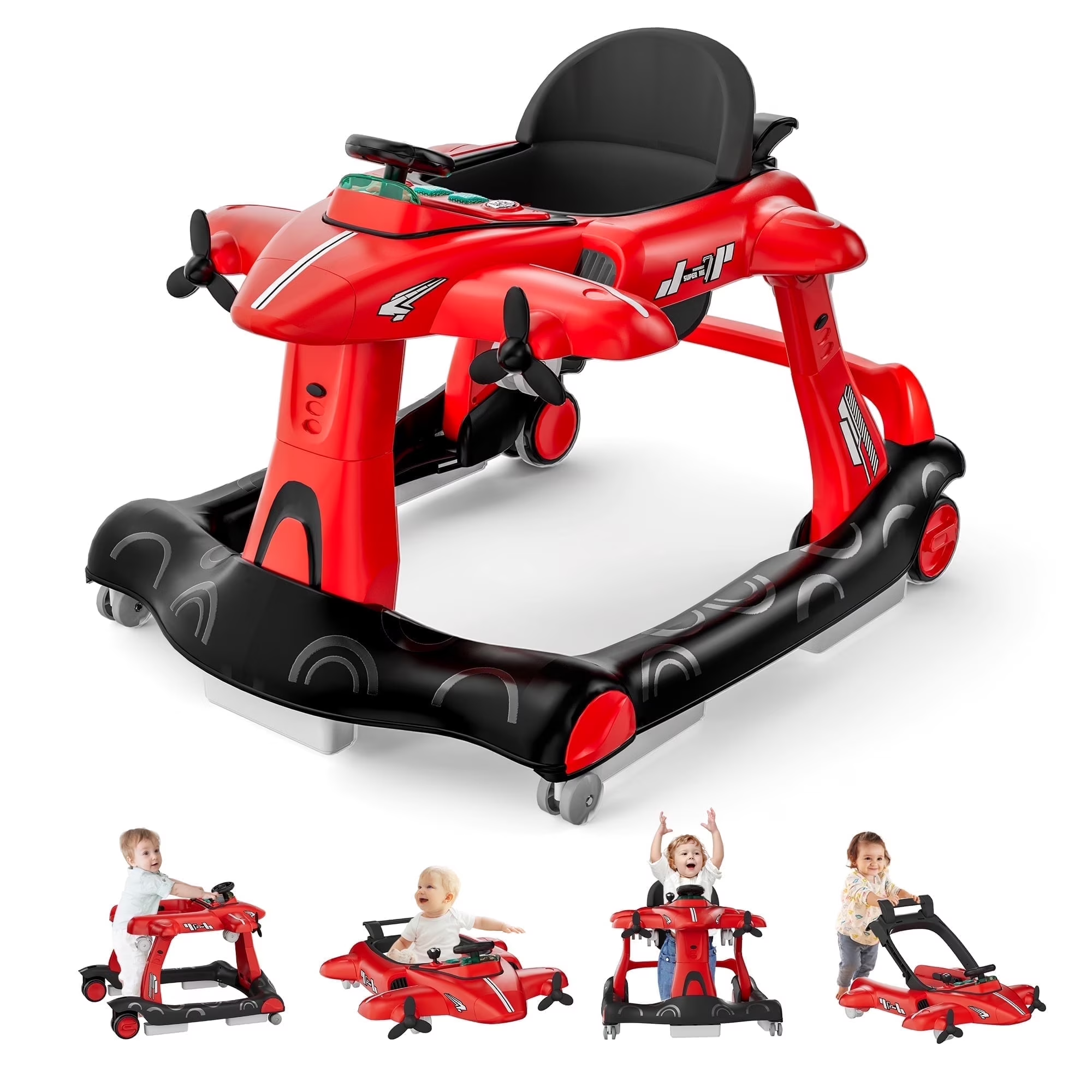 Tolead 4-in-1 Foldable Baby Walker, Activity Push Walker for 6-18 Months, 24" x 29" x 22", Red