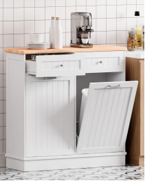 Betterhood 2 x 10 Gallon Tilt Out Trash Cabinet with 2 Big Storage Drawer, Wooden Trash Garbage Can Cabinet, Mid-Century Modern Recycling Cabinet & Laundry Sorter for Kitchen Dining Room, White