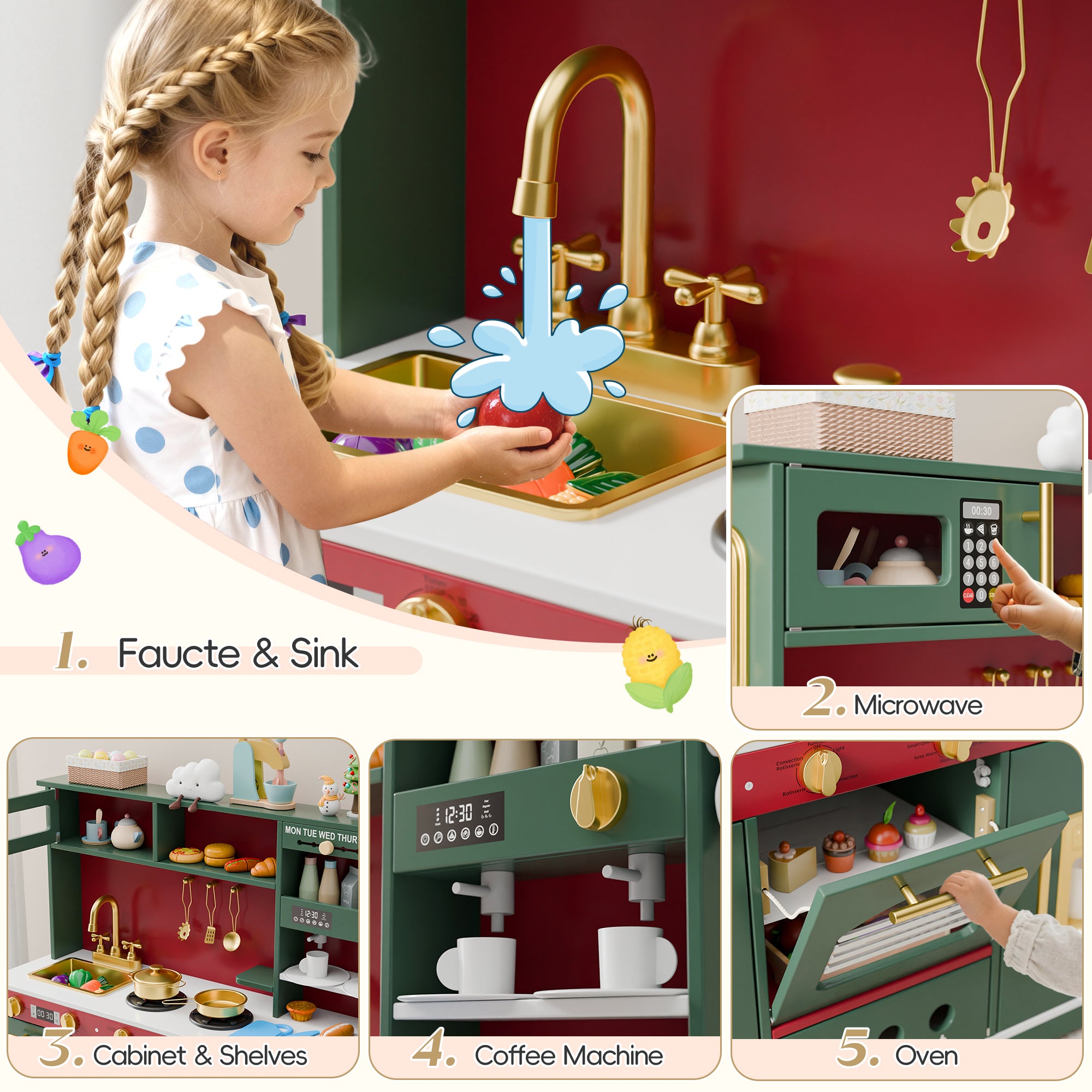 Play Kitchen for Toddlers, Kids Kitchen Playset, Wooden Kitchen Set for Kids with Toy Food and Cookware Accessories, Gift for Ages 3+ Girls Boys. Christmas Green