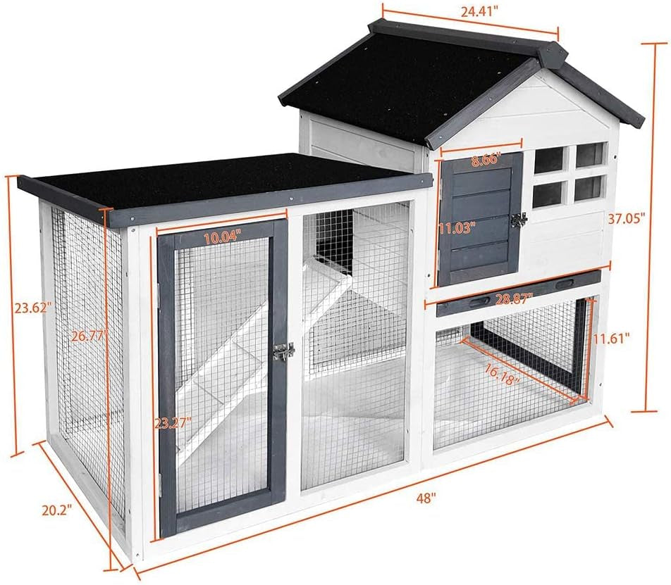 48''L Rabbit Hutch Indoor Outdoor Bunny Cage Rabbit Hutch Wood House Pet Cage for Small Animals (Grey/White)