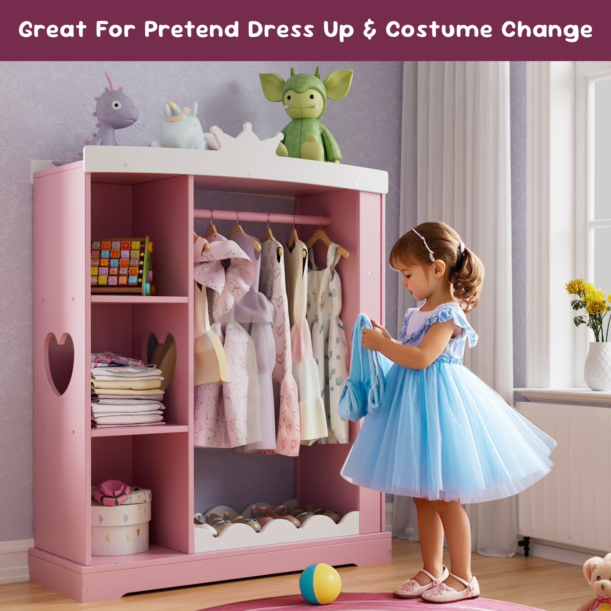 Tolead Kids Dress-Up Closet with Mirror & Jewelry Storage, Toddler Costume Organizer with Hanging Rod & Shelves, Pink Wardrobe for Girls’ Bedroom