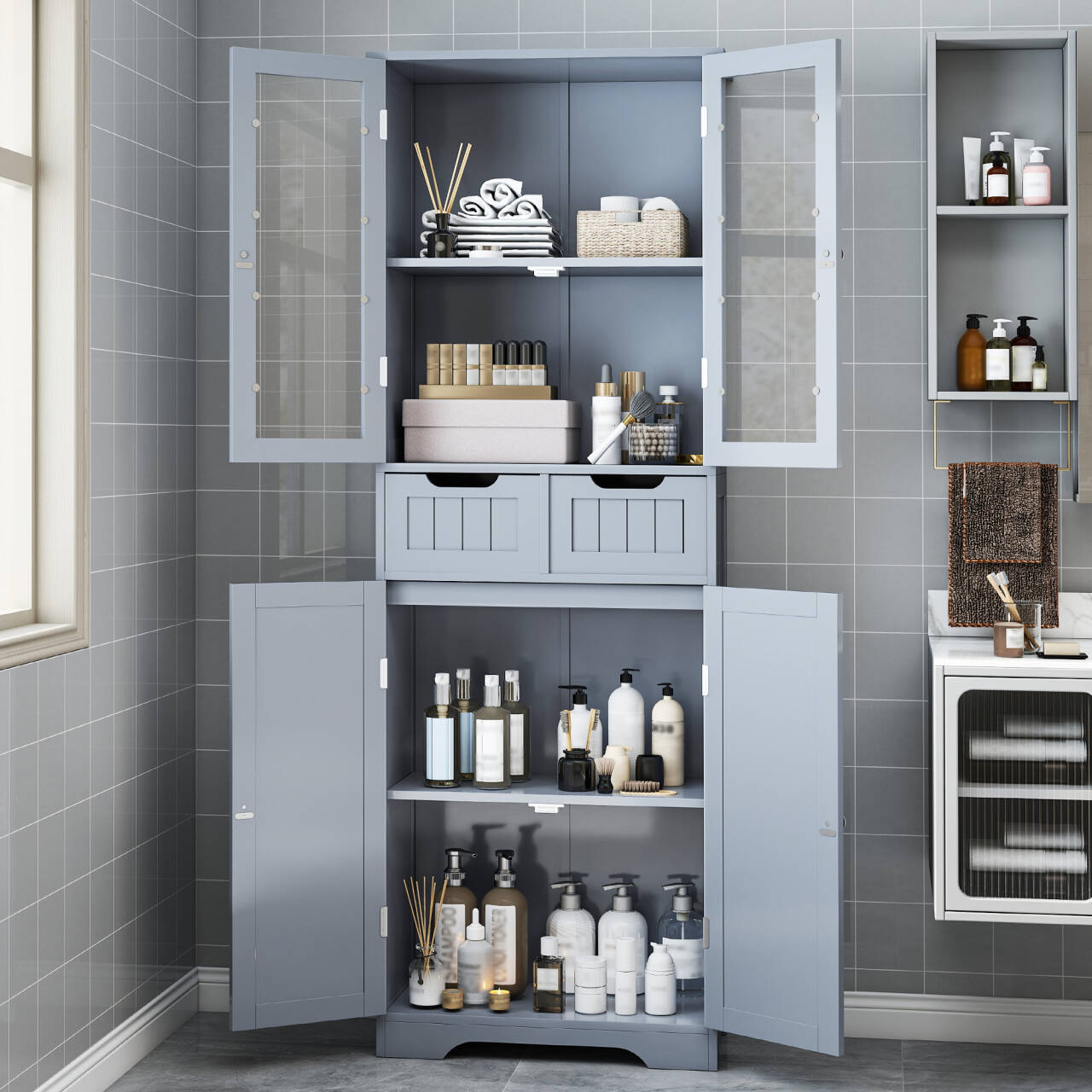 67" Tall Bathroom Storage Cabinet, Freestanding Cabinet with Glass Doors and Shelves, Large Bathroom Pantry with 2 Drawers for Living Room, Kitchen, Dining Room, Office, Gray