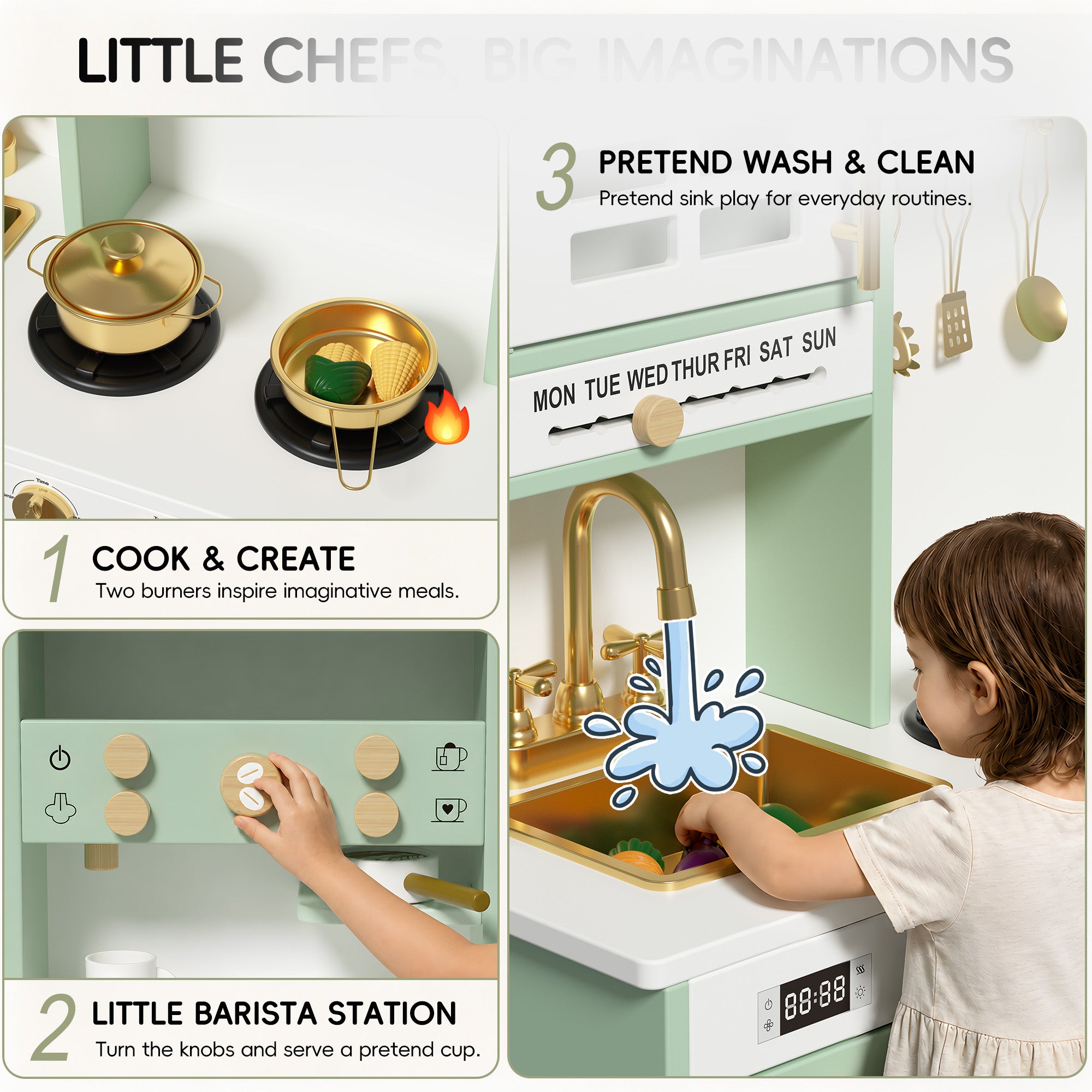 Xilingol Kids Kitchen Playset, Wooden Play Kitchen with 24 Accessories, Mint Green