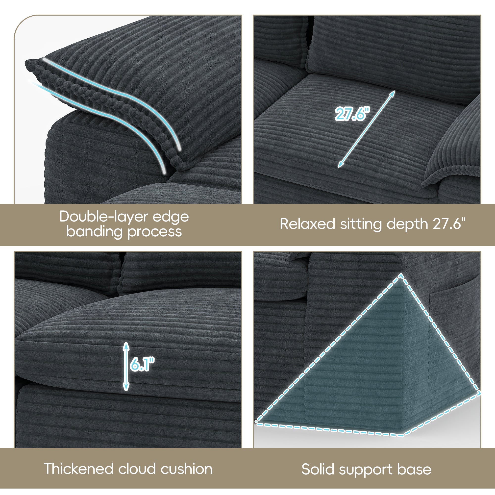 Buytime 104" Comfy Cloud Couch, Convertible Boneless Couches for Living Room, L Shaped Modular Sectional Sofa with Deep Seat, Double-Layer Cloud Cushion and Headrest, Pebble Grey