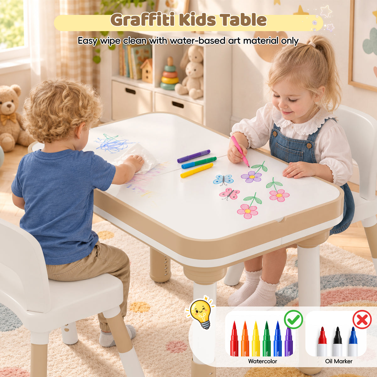 Xilingol 5-in-1 Kids Table and Chairs Set, Sand Painting Box for Toddlers