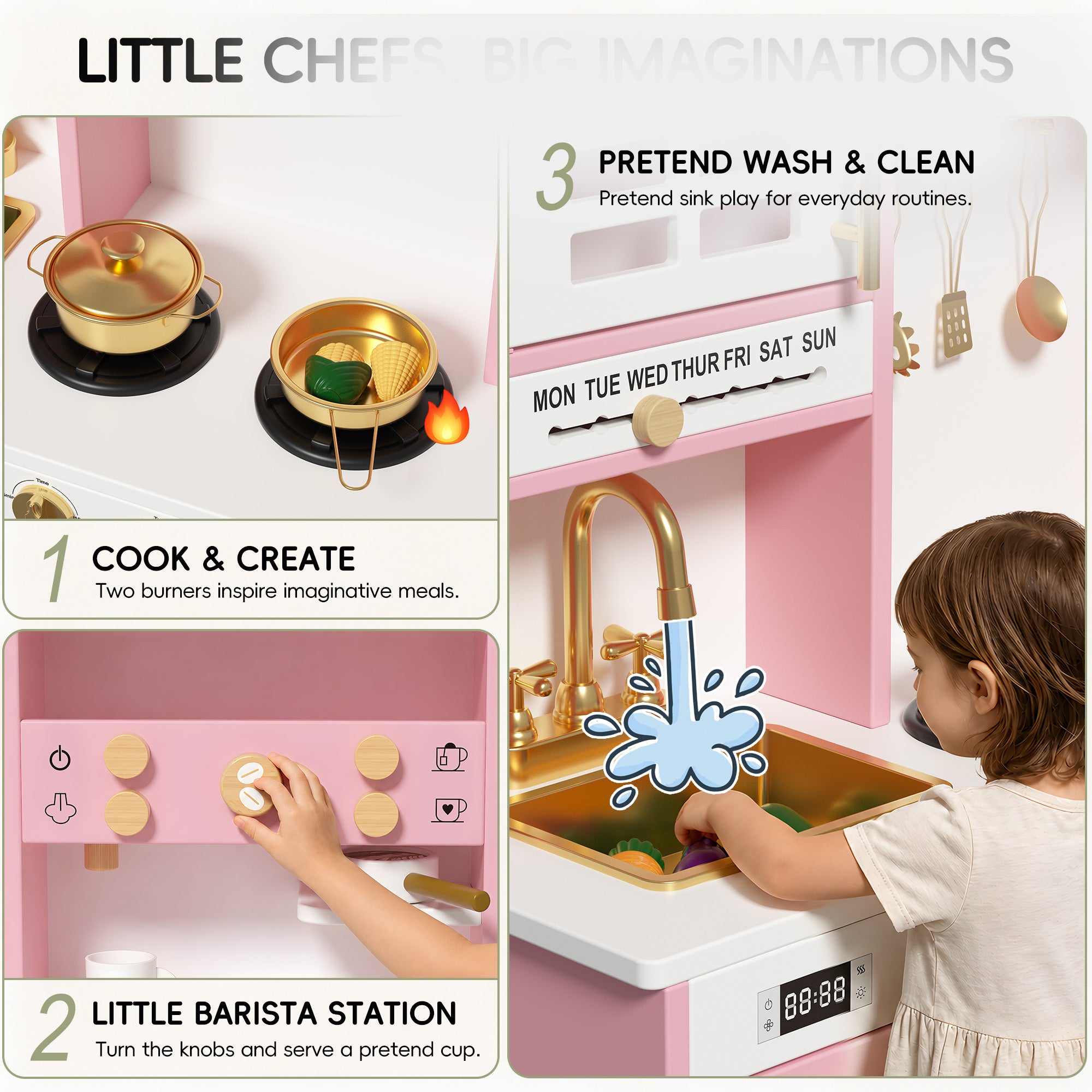 Xilingol Kids Kitchen Playset, Wooden Play Kitchen with 24 Accessories, Pink