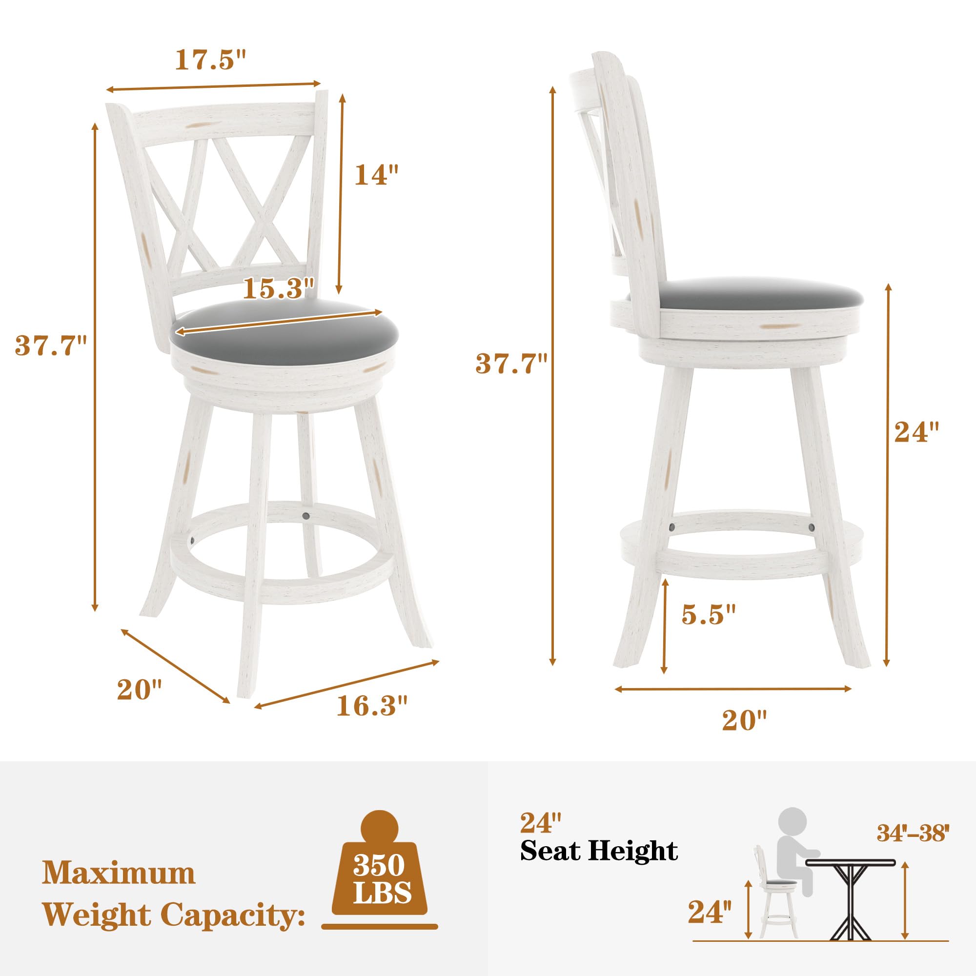 Betterhood 24" Counter Height Swivel Bar Stools - High Back Swivel Counter Stools with Upholstered Seat & Solid Wood Footrest, Counter Bar Chairs for Kitchen Island & Pub (Antique White, Set of 2)
