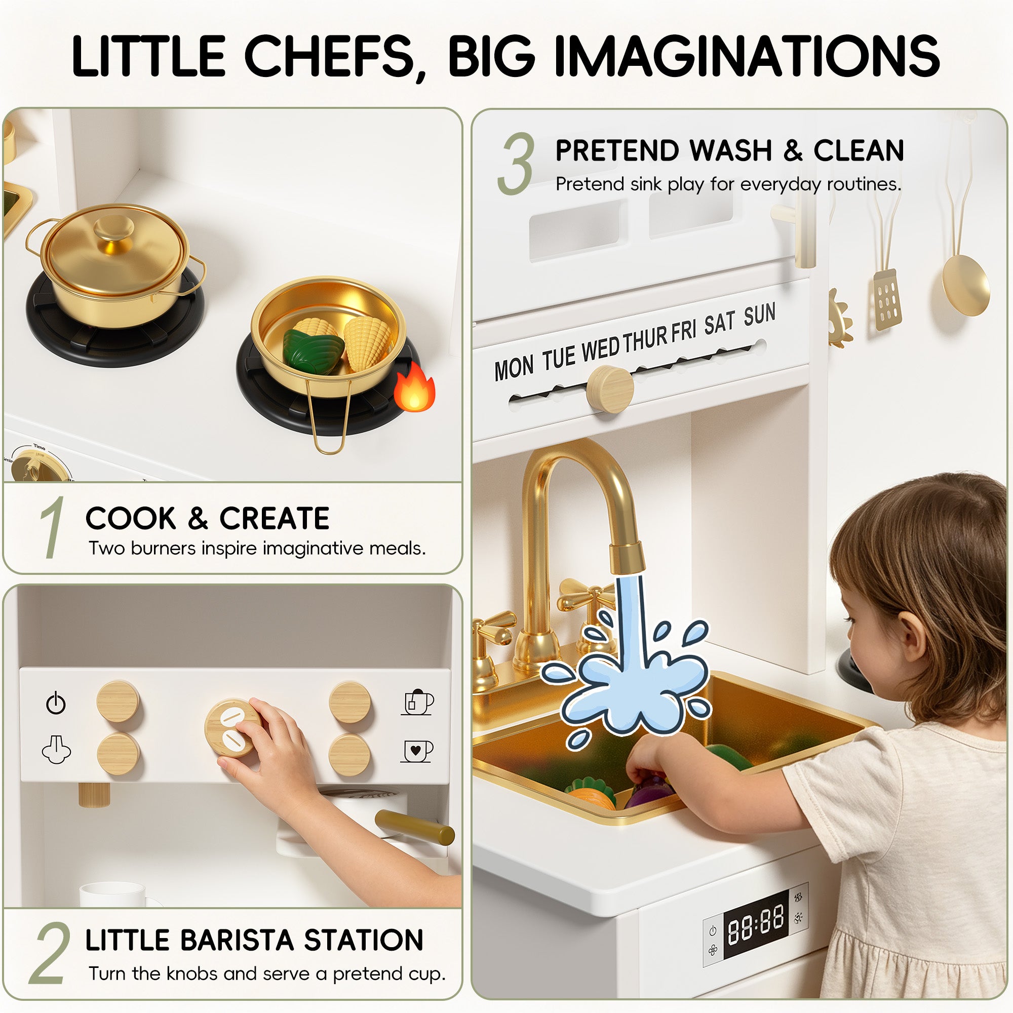 Xilingol Kids Kitchen Playset, Wooden Play Kitchen with 24 Accessories, Cream White
