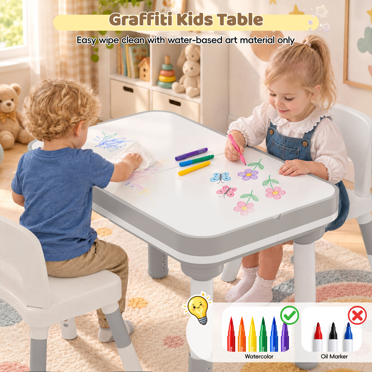 Xilingol 5-in-1 Kids Table and Chairs Set, Sand Painting Box for Toddlers