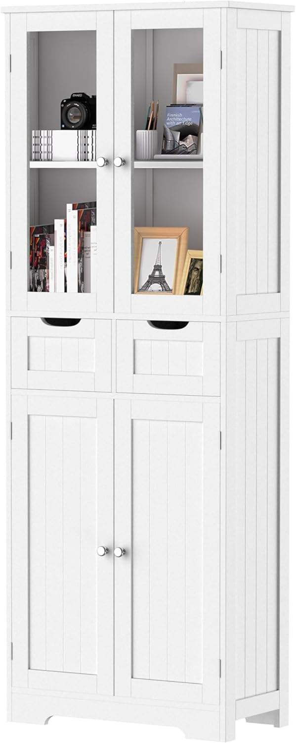 Betterhood 67" Tall Bathroom Storage Cabinet, Freestanding Linen Cabinet with Glass Doors and Shelves, Large Bathroom Pantry Cabinet with 2 Drawers for Living Room, Kitchen, Dining Room, Office, White