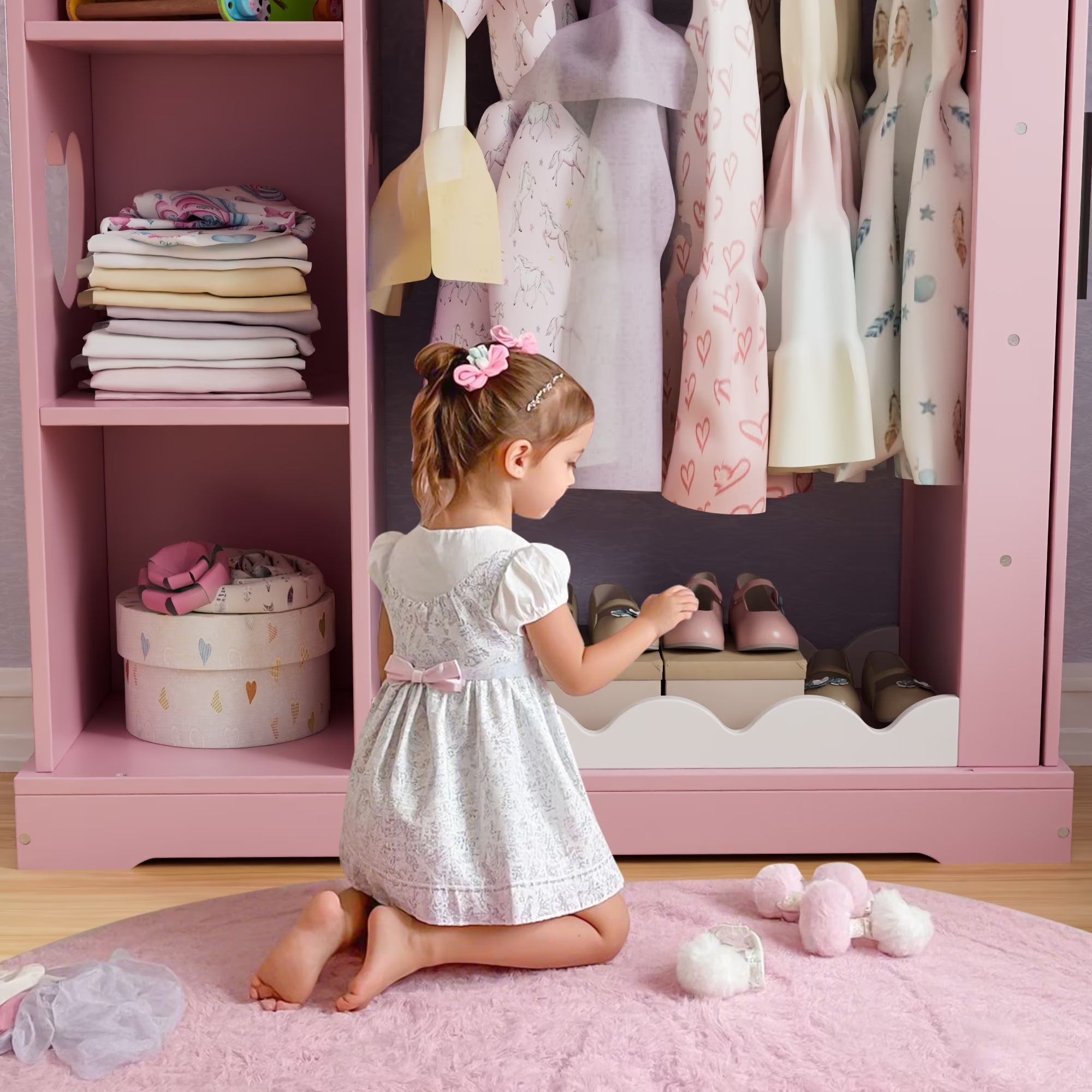 Tolead Kids Dress-Up Closet with Mirror & Jewelry Storage, Toddler Costume Organizer with Hanging Rod & Shelves, Pink Wardrobe for Girls’ Bedroom